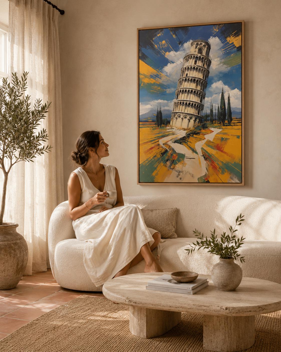Man standing by a framed Leaning Tower of Pisa painting in an office-like room