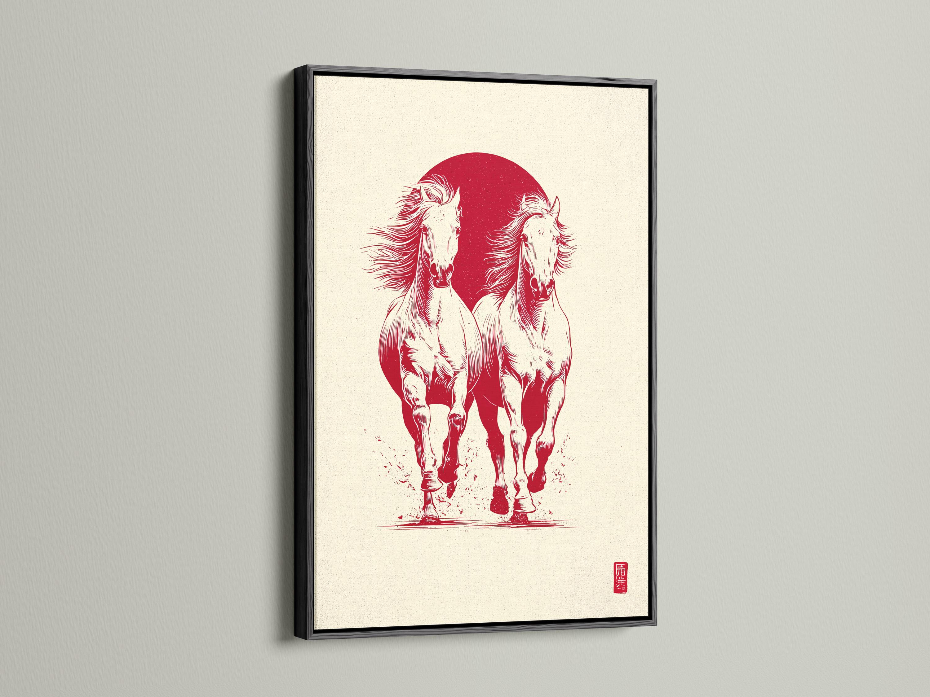 Wall mockup showing a framed artwork with two rearing horses in white against a red circle