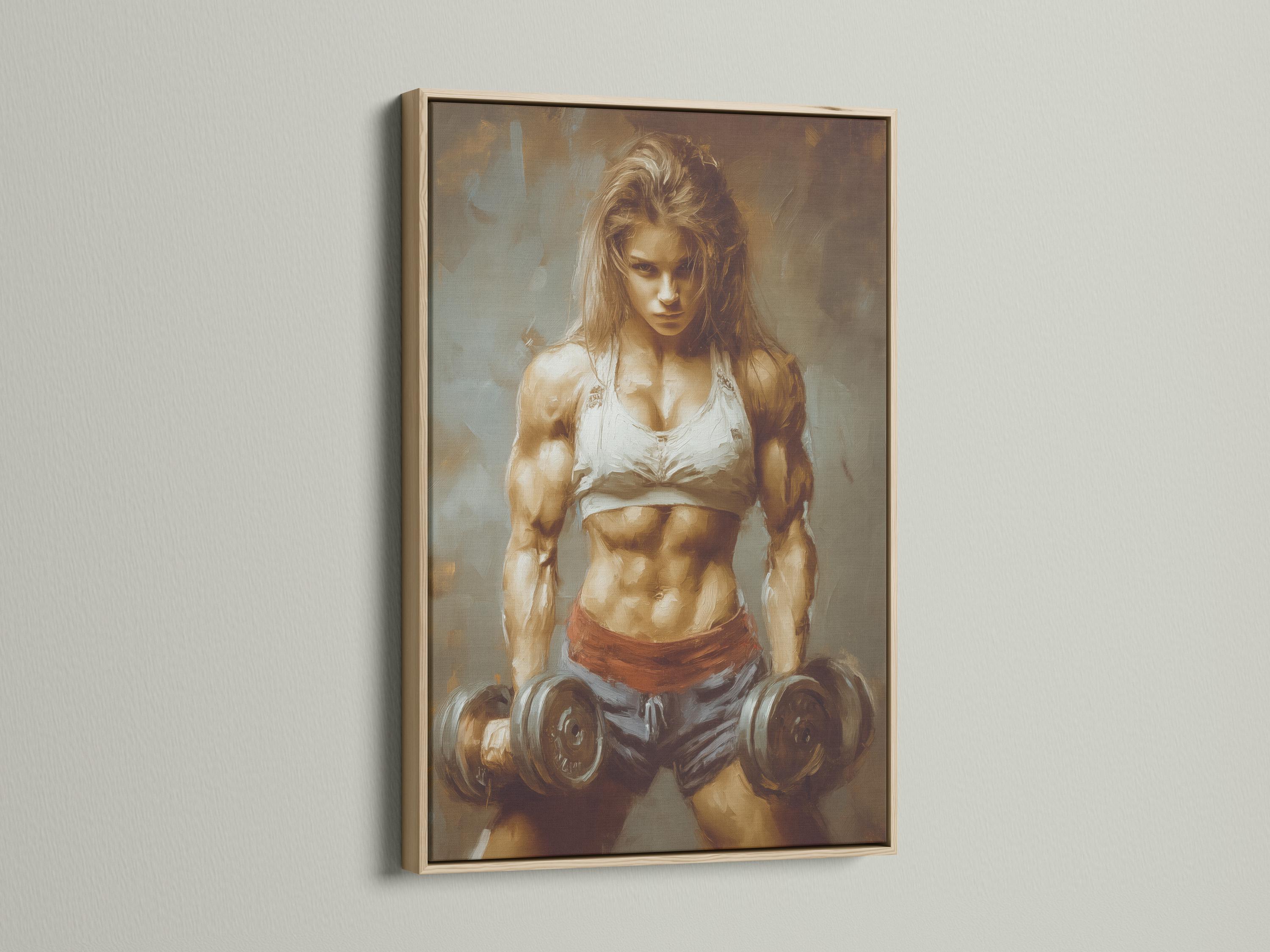 Gym or wellness room mockup showing a wall artwork of a muscular woman lifting dumbbells