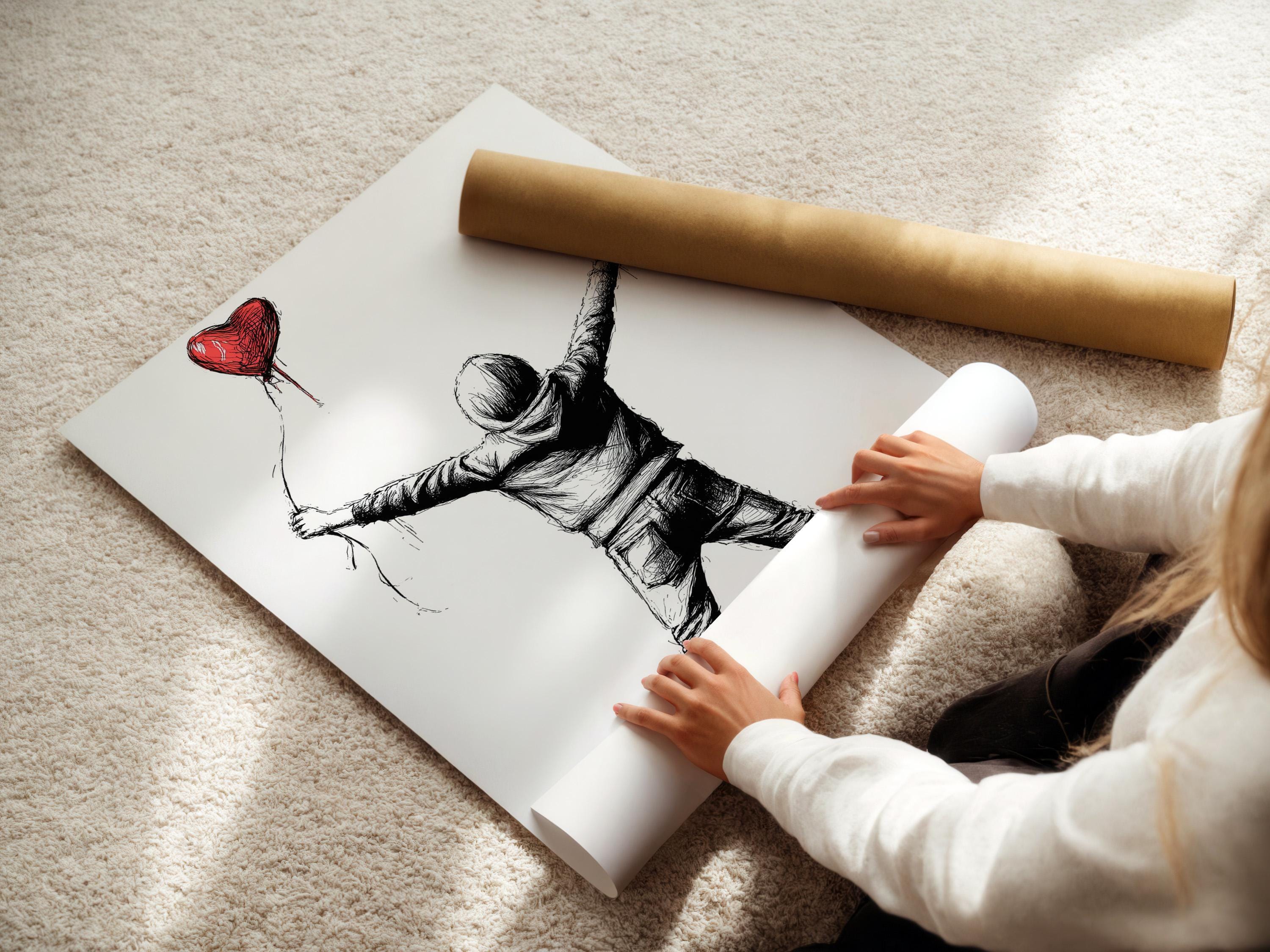 Framed wall art mockup showing a boy holding a red heart-shaped balloon