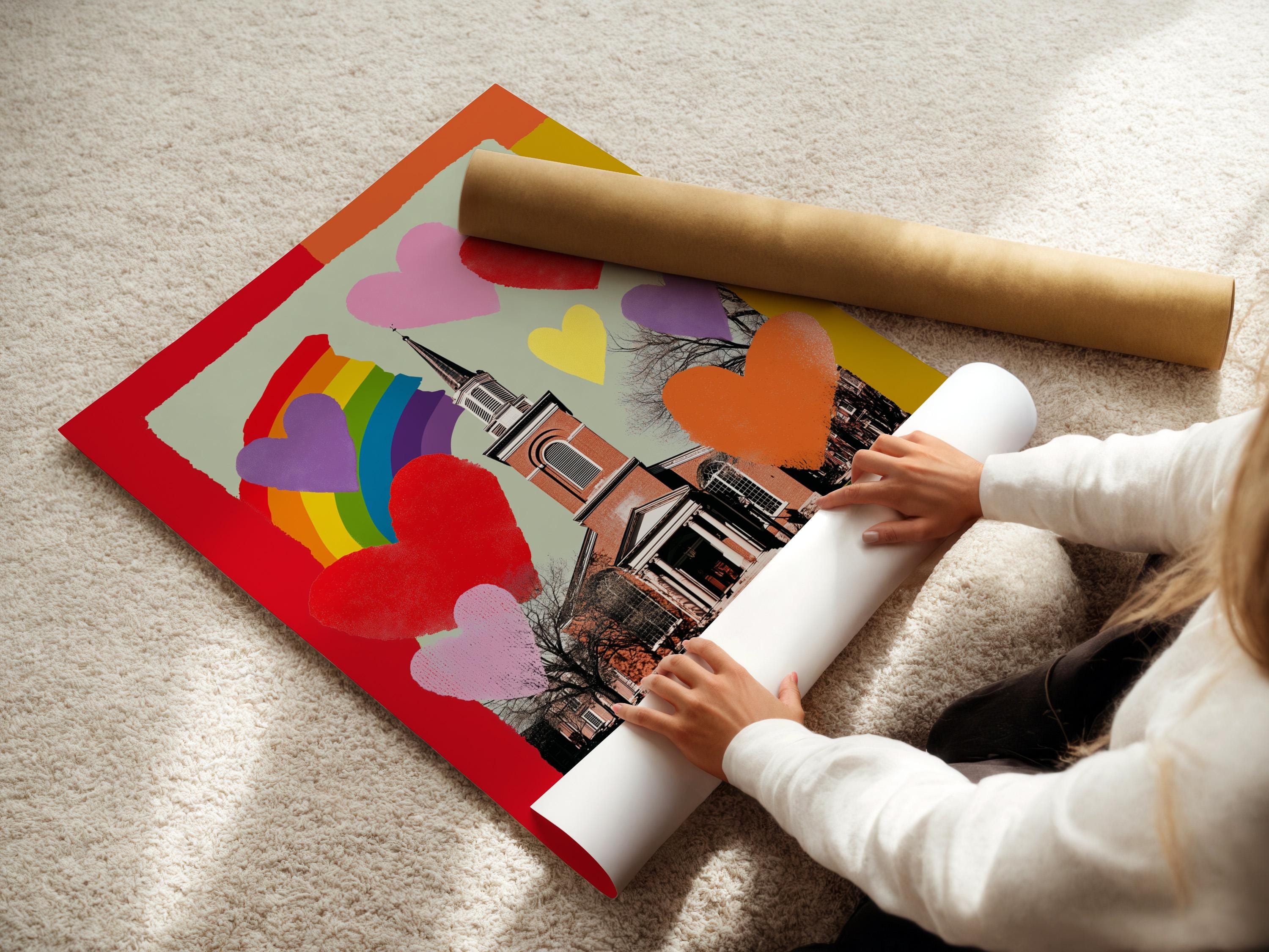 Rainbow hearts church artwork with a rainbow arch and colourful heart shapes detail view