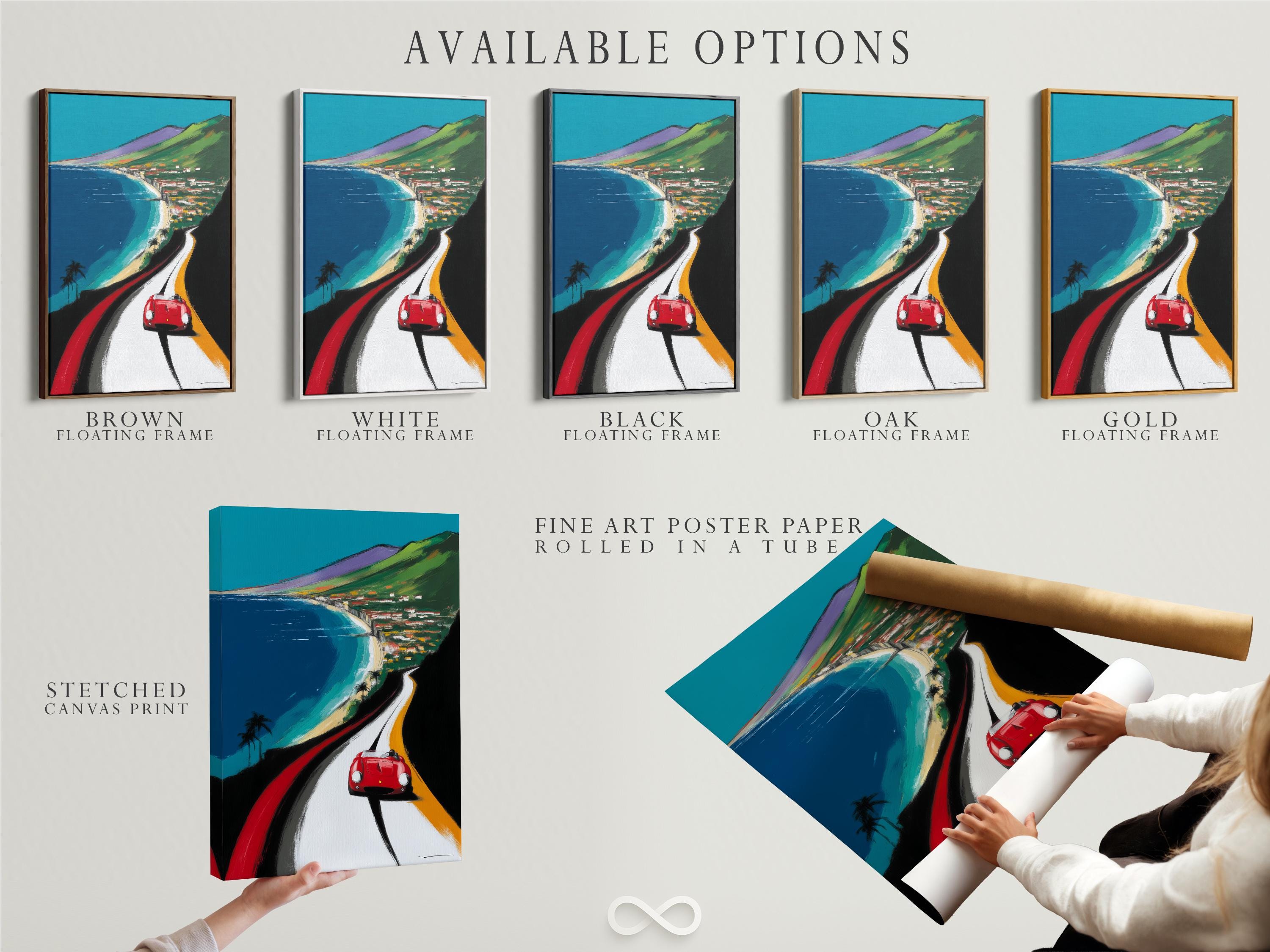 Wall mockup showing a framed artwork of a red sports car on a coastal road with turquoise water