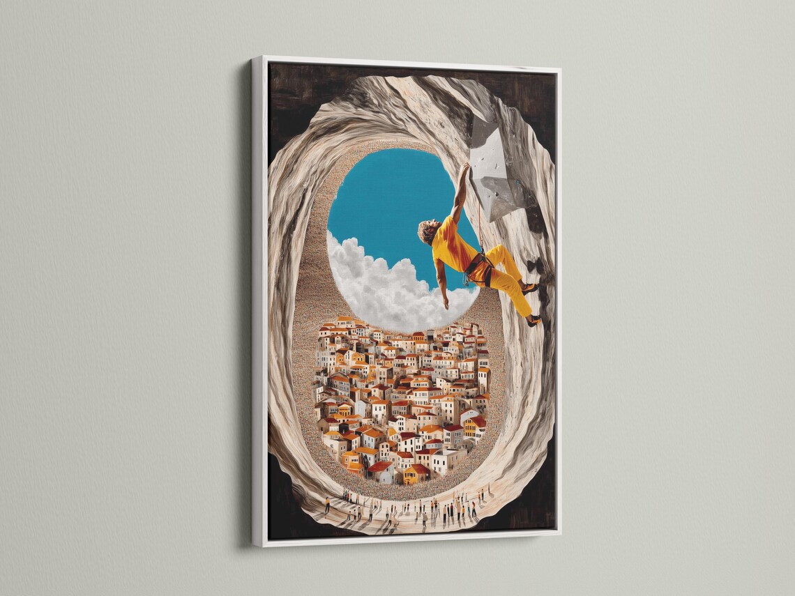 Wall art mockup showing a framed climber scene hanging on a wall among other frame options