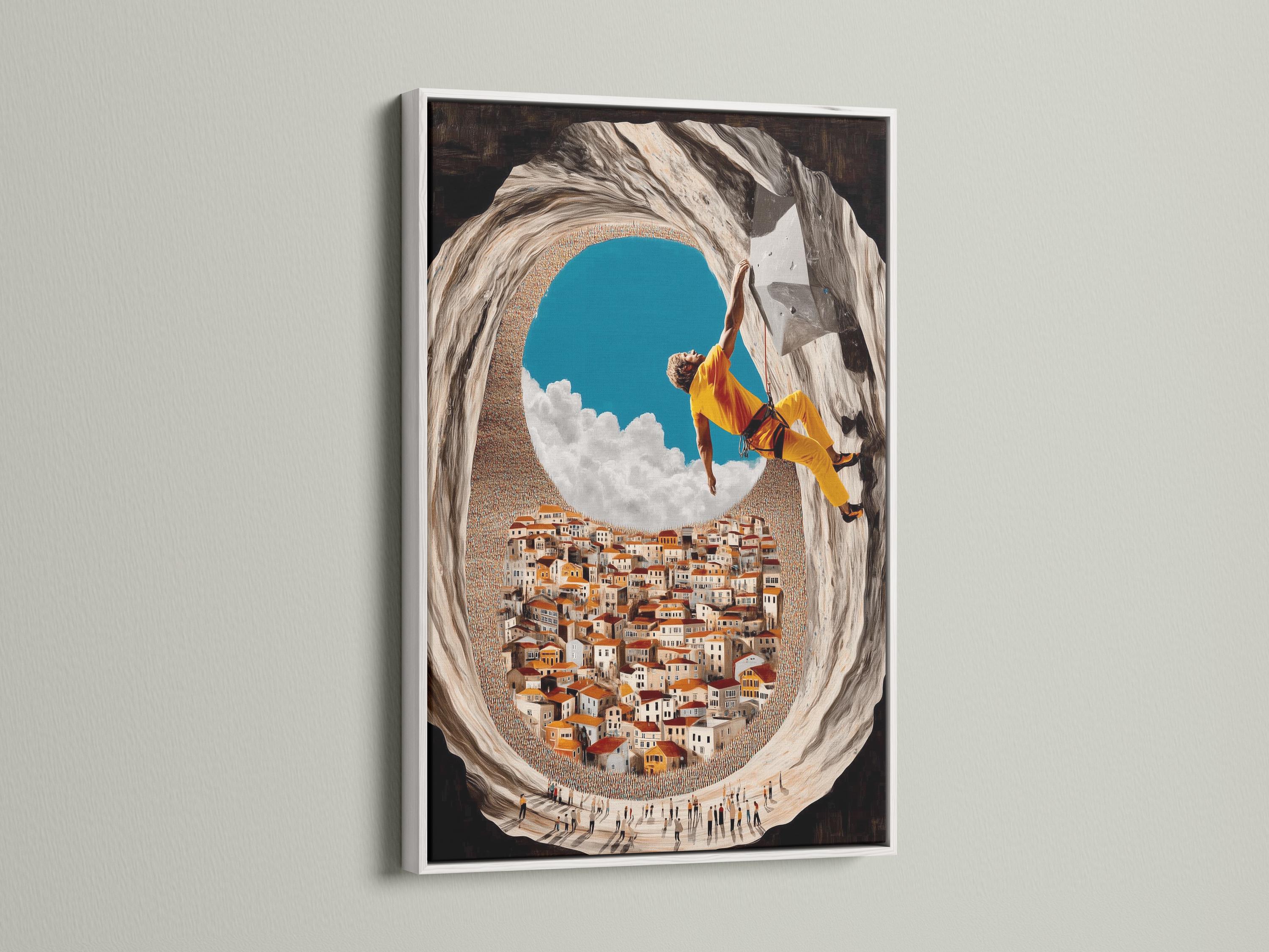 Wall art mockup showing a framed climber scene hanging on a wall among other frame options