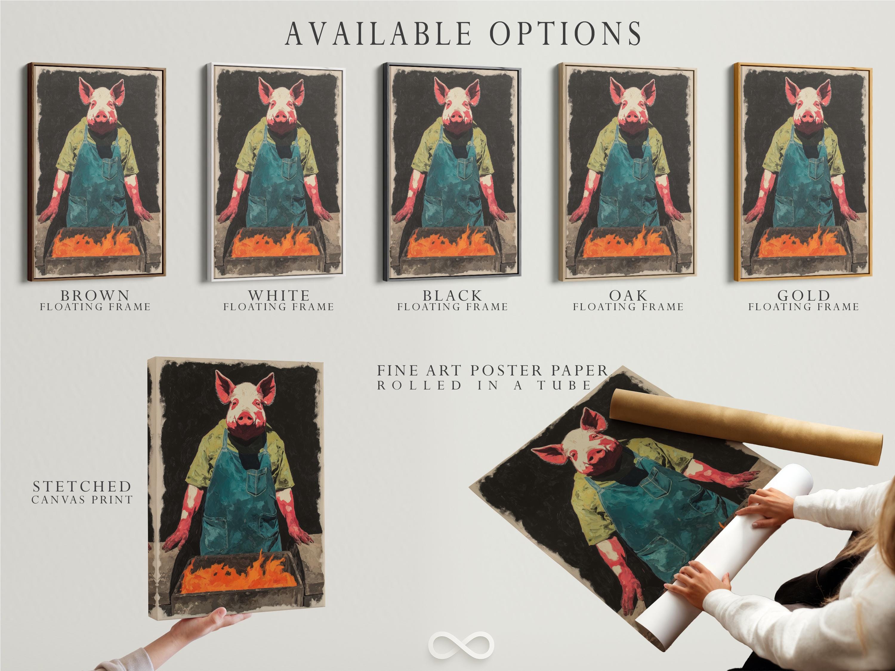 Pig chef illustration with a teal apron behind a grill, flames in front detail view