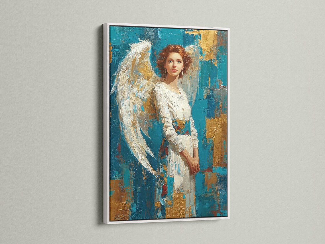 A teal and gold portrait of a woman with white angel wings, rendered in a painterly style with textured, gold-flecked background blocks detail view