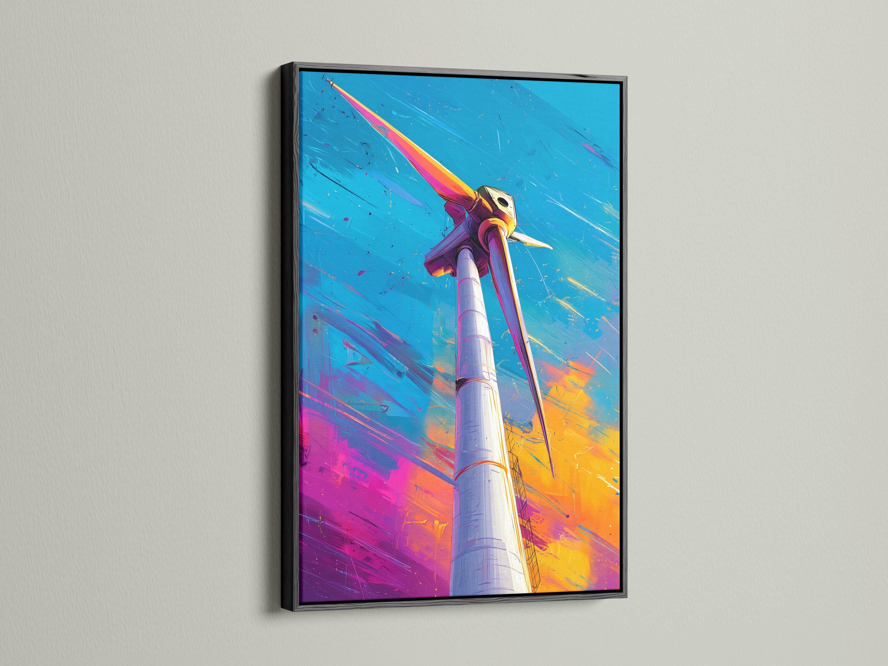 Wind turbine on a sky-blue background with diagonal motion streaks and orange magenta accents detail view