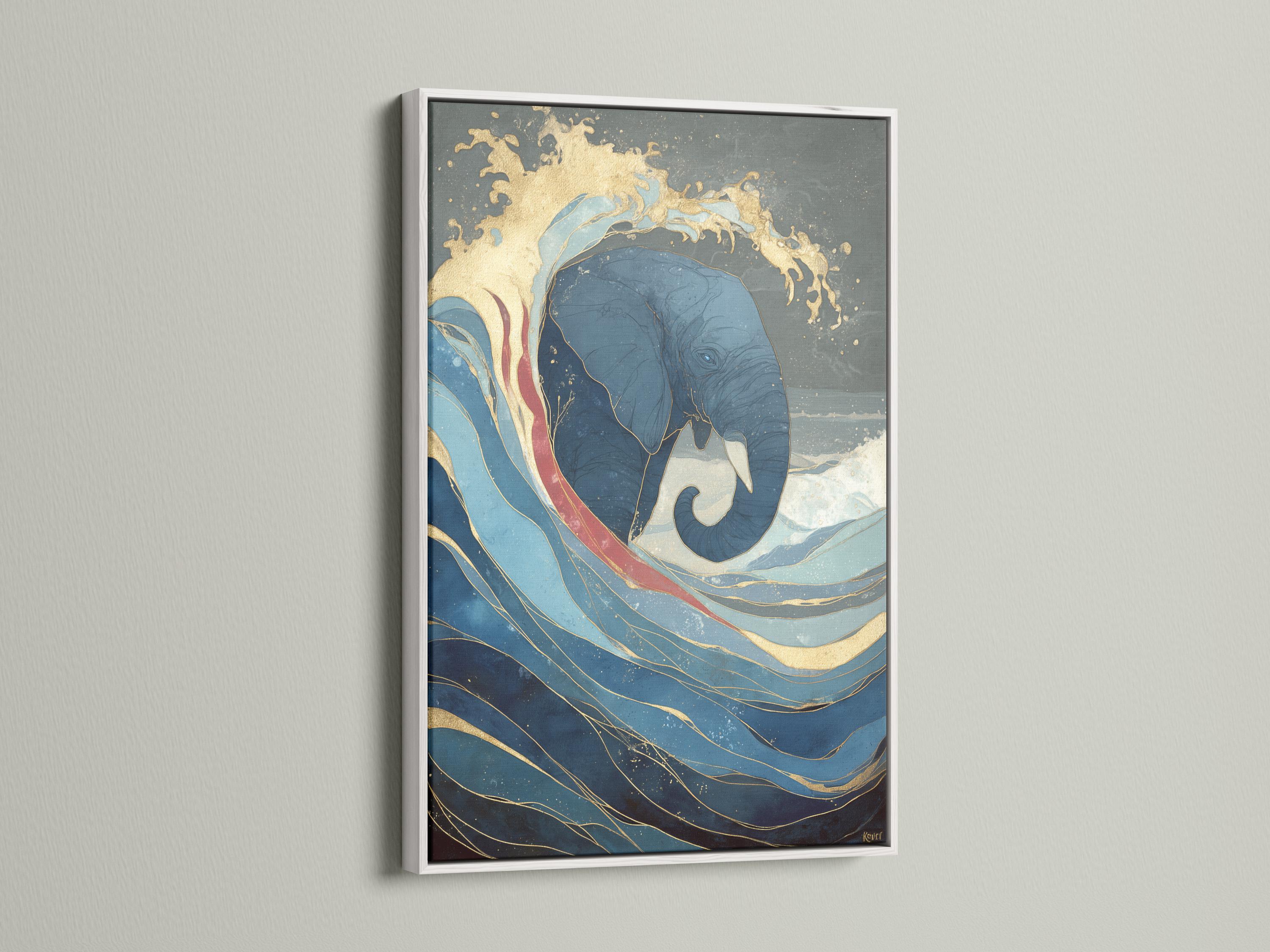 Blue and gold elephant emerging from ocean waves artwork detail view