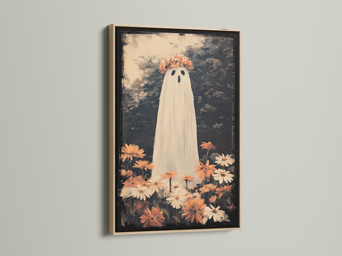 A tall white ghost with oval eyes and an orange flower crown surrounded by autumn flowers on a dark speckled background detail view