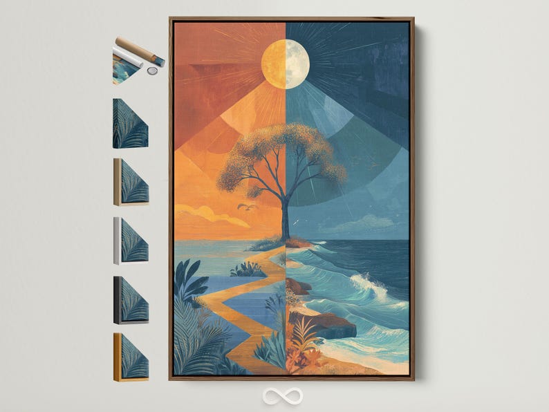 Stylised tree in a geometric split seascape with orange sky and blue ocean waves