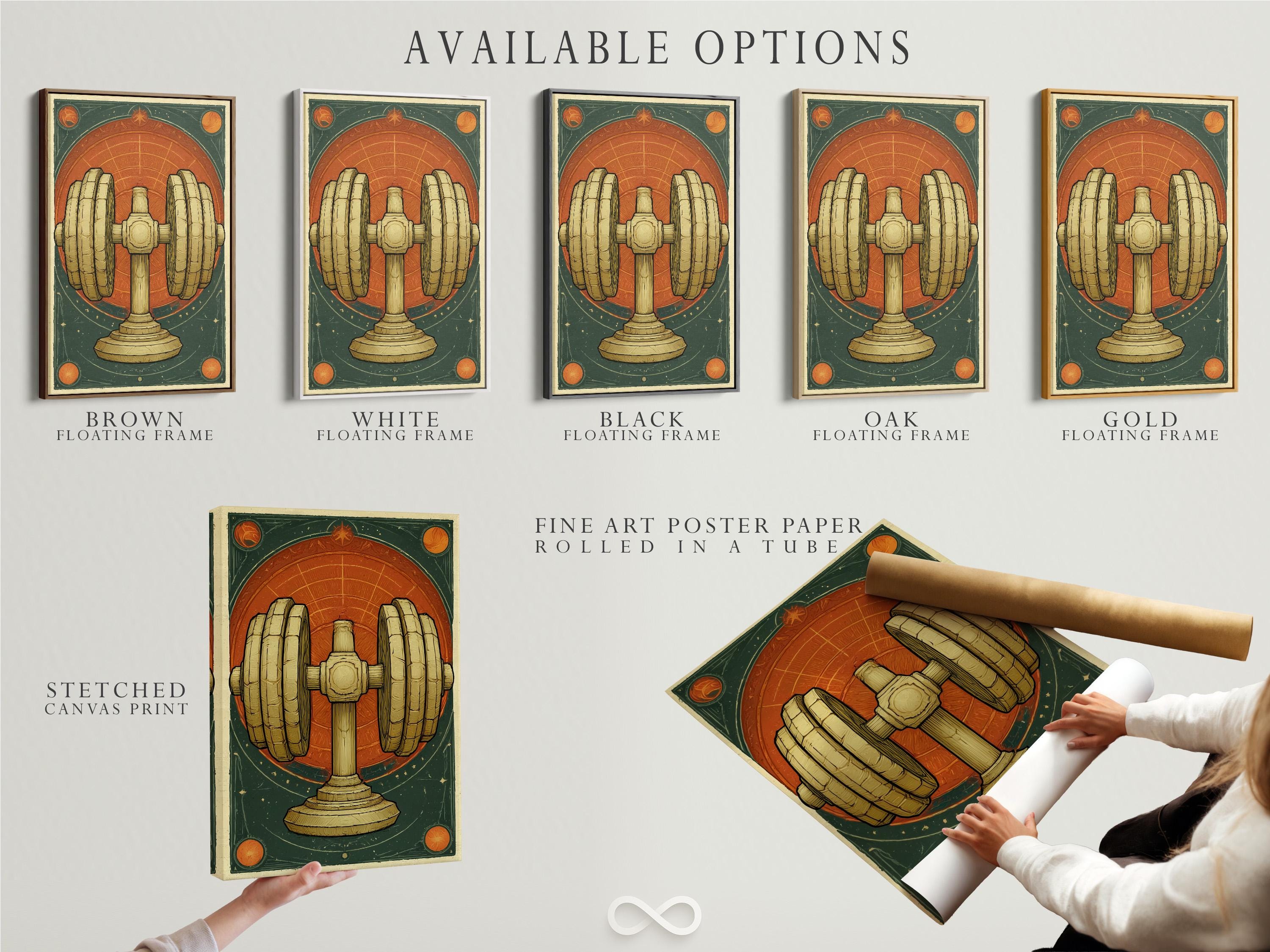 Framed gold dumbbell artwork shown on a wall with other matching pieces