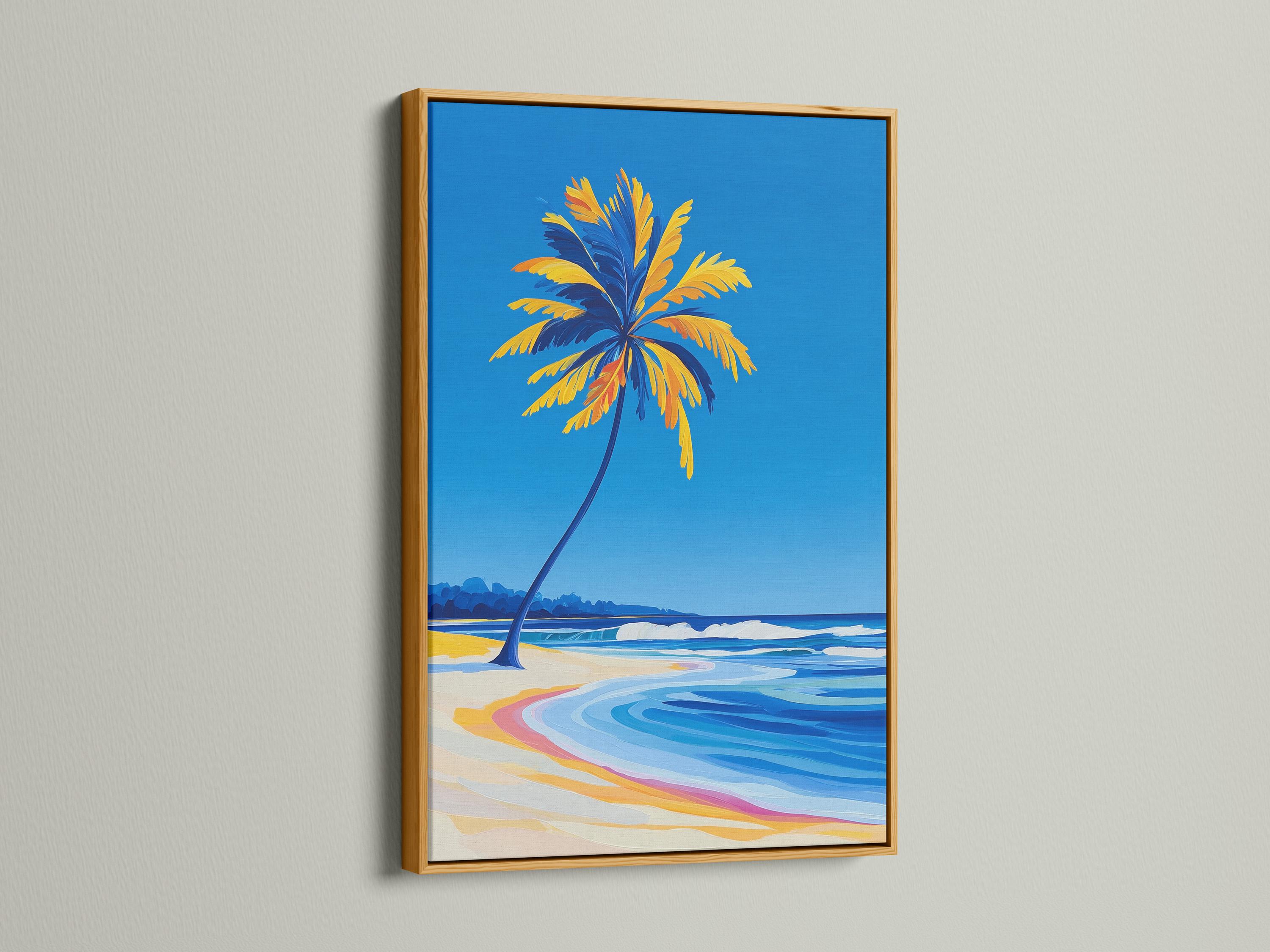 Room mockup showing a framed tropical beach seascape with palm tree, ocean waves and sandy shore