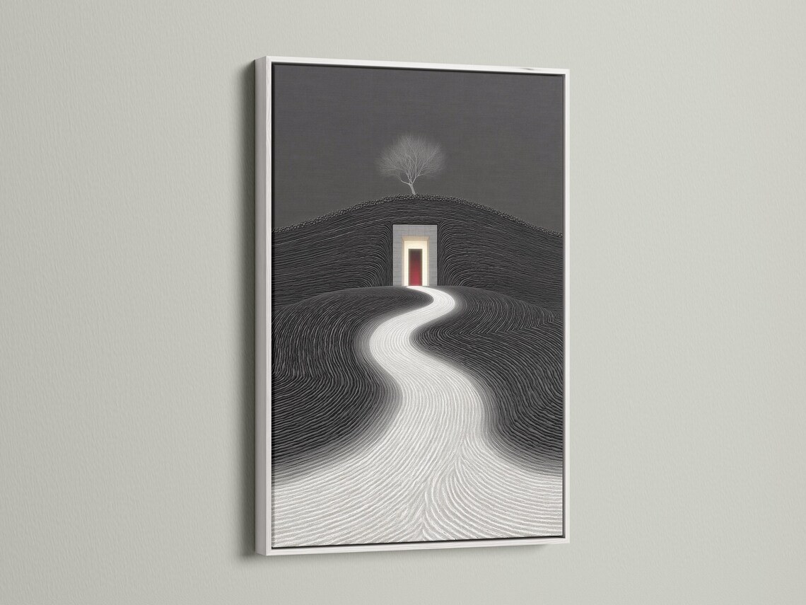 Monochrome surreal landscape with a winding path leading to a glowing geometric doorway and leafless tree detail view