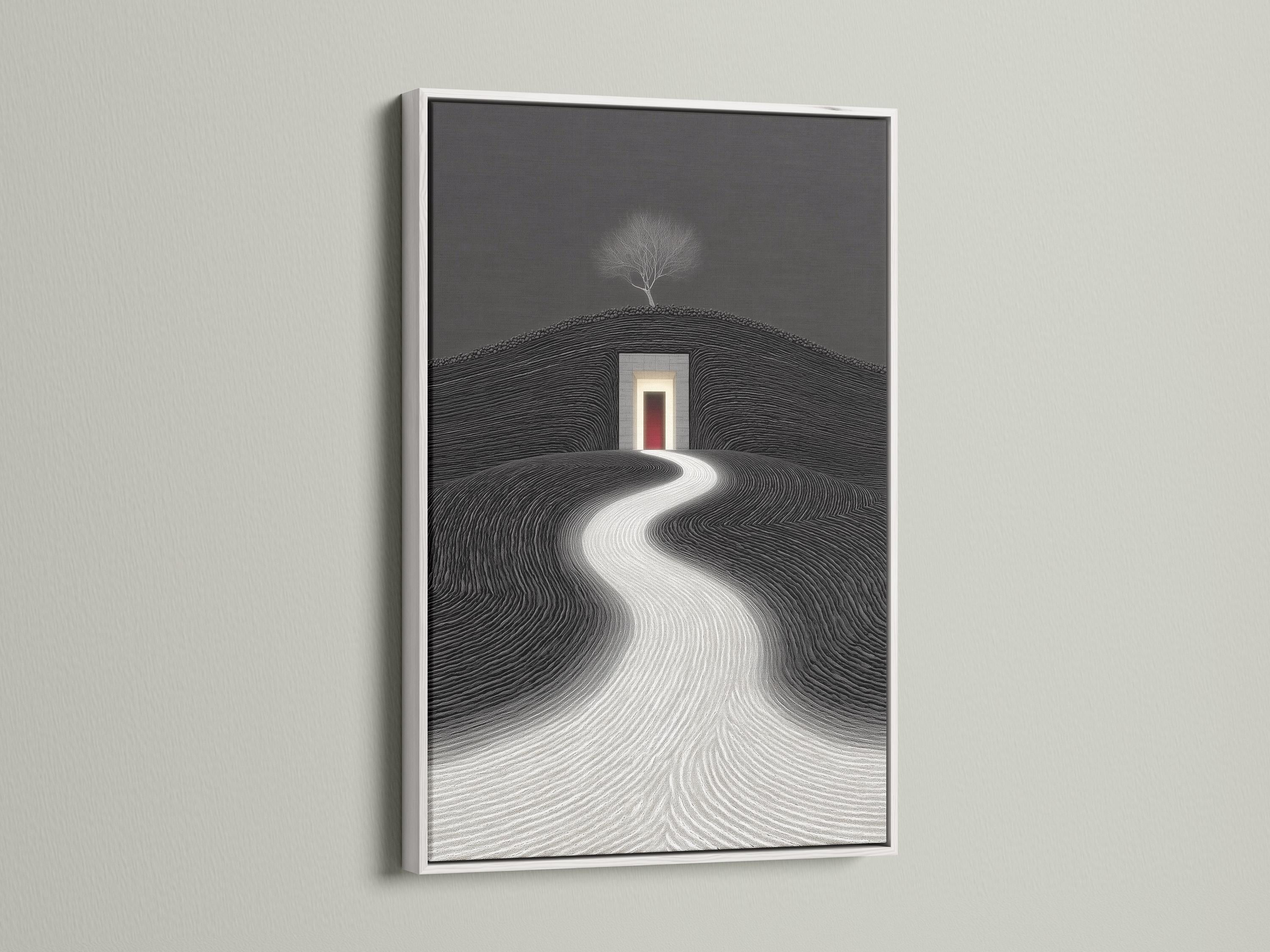 Monochrome surreal landscape with a winding path leading to a glowing geometric doorway and leafless tree detail view