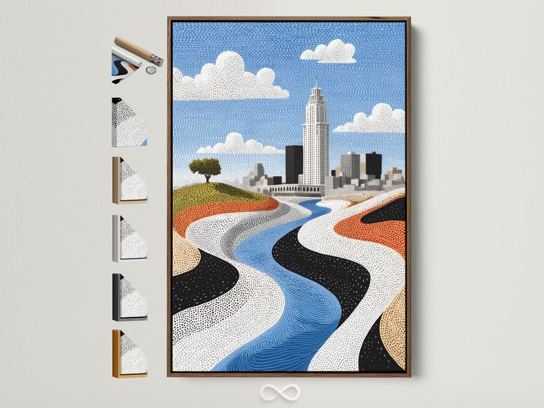Stylised city skyline with a tall tower, speckled clouds, and a winding blue river