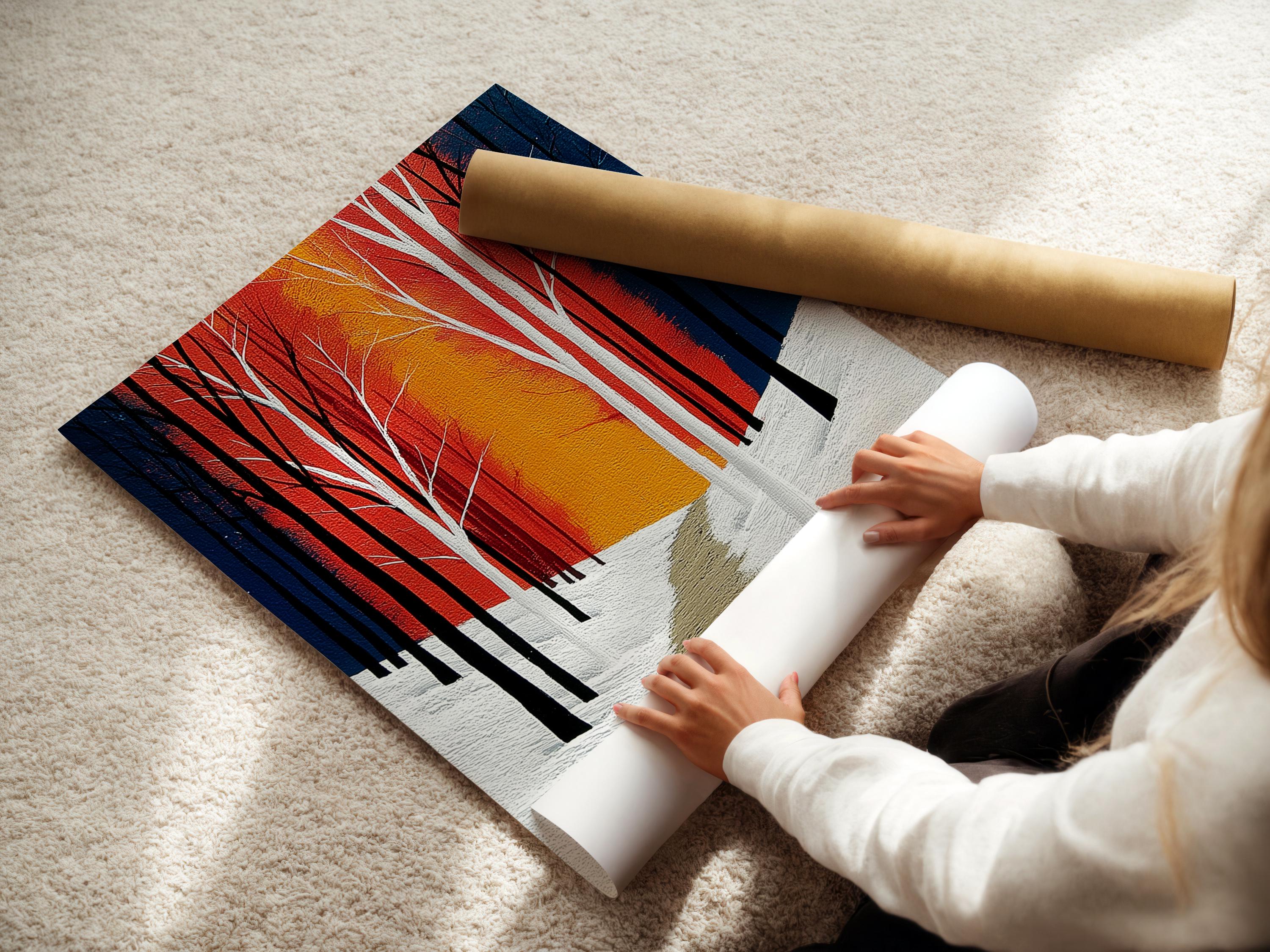 Winter forest artwork with tall leafless trees, a snowy path, and red blue gold sunset colours detail view