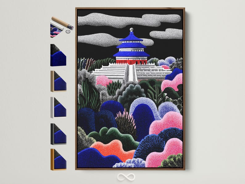 A stylised pagoda temple and terraces rise from layered cactus-like plants and hills, set against a dark night sky with scattered dot textures