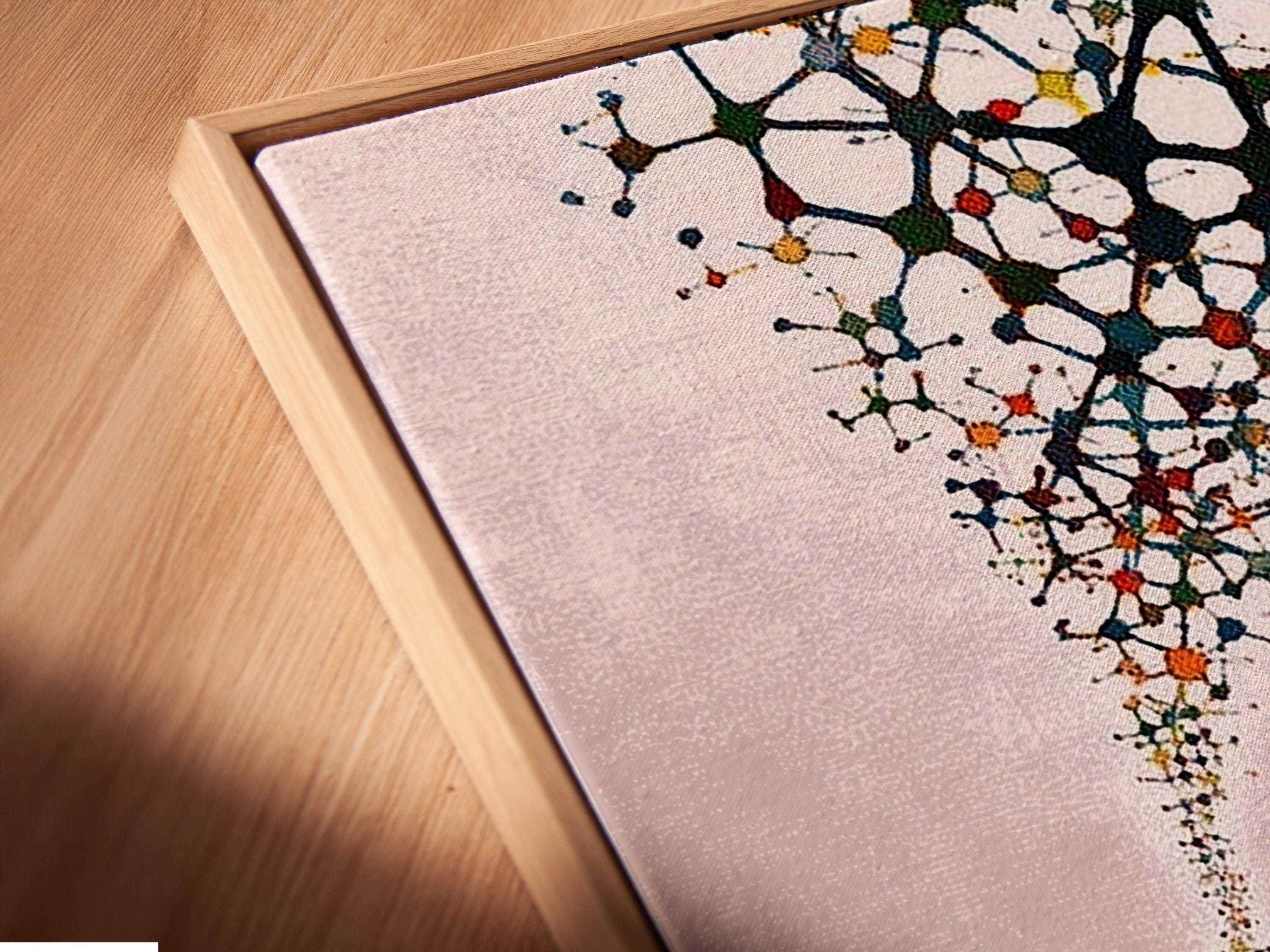 Blush pink abstract artwork with a black silhouette figure and branching network of coloured nodes detail view