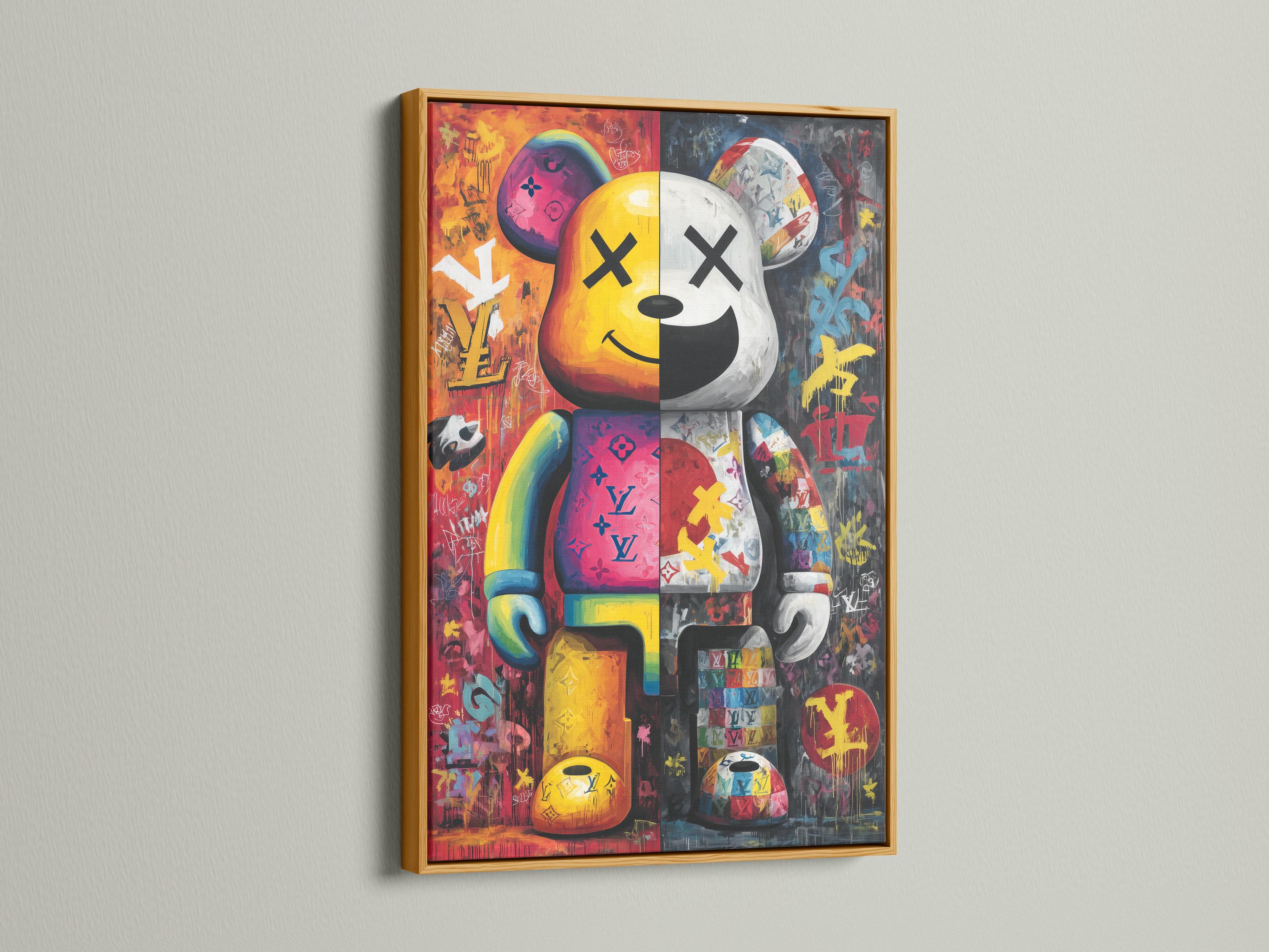 A bright pop-art style bear figure is shown amid graffiti-like colours and stickers, framed by bold black outlines and layered poster textures detail
