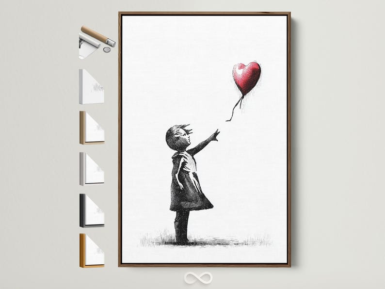 Black and white sketch of a girl holding a red heart balloon