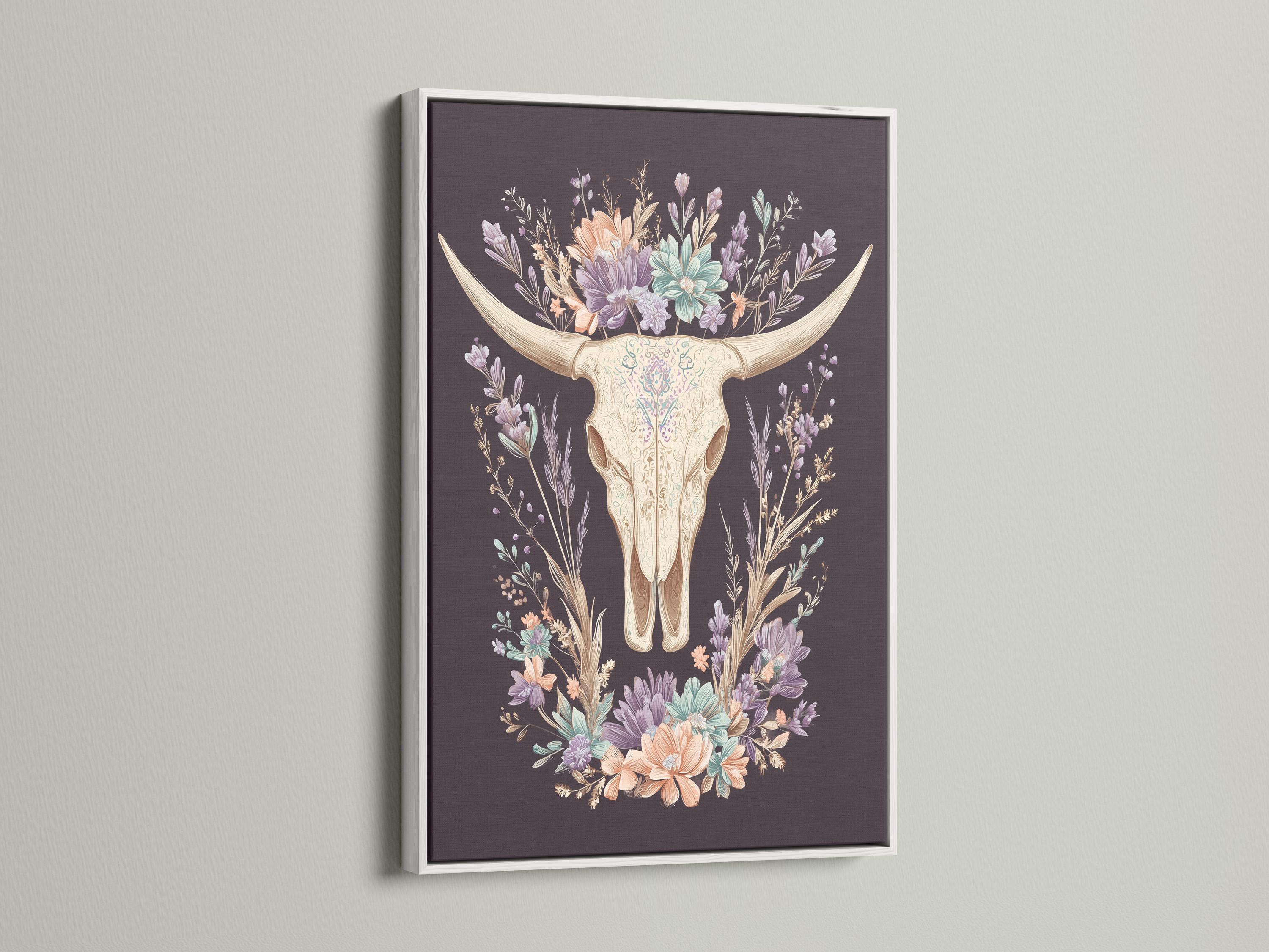 Bull skull illustration surrounded by a wreath of pastel wildflowers on a dark mauve background detail view