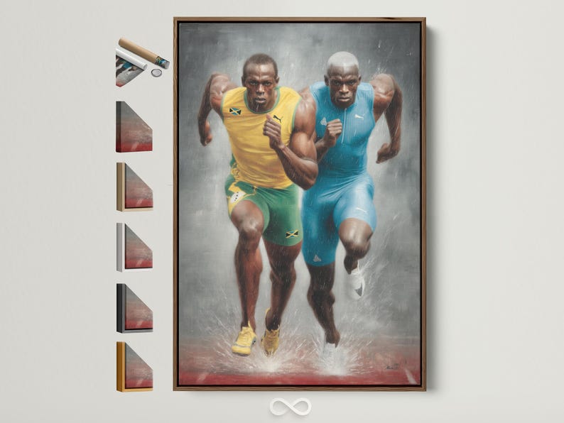 Two sprinters running in blue and yellow kits with dust in a grey haze background