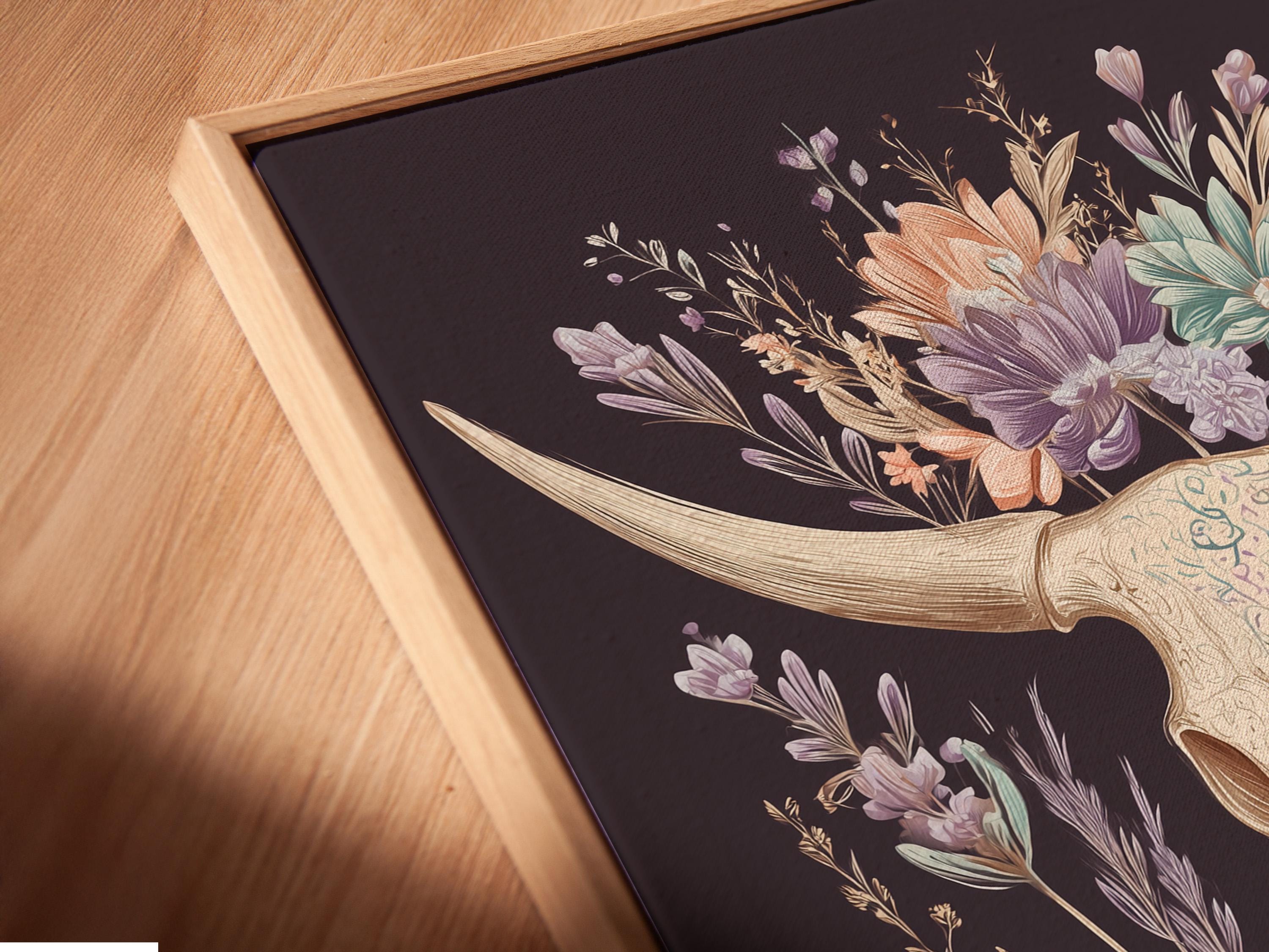 Bull skull illustration surrounded by a wreath of pastel wildflowers on a dark mauve background detail view