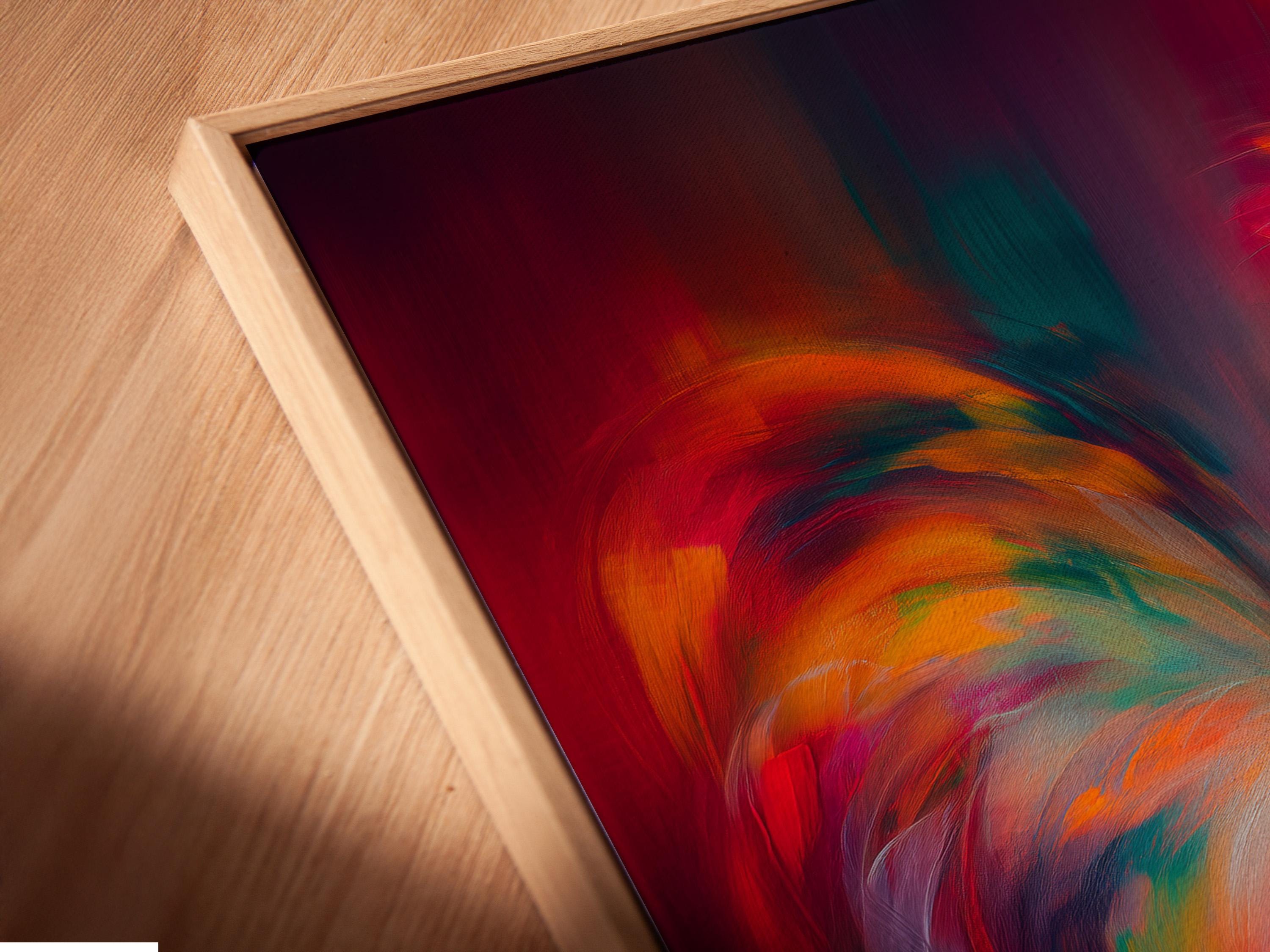 A stylised rooster portrait in vibrant orange and red with a deep purple background detail view