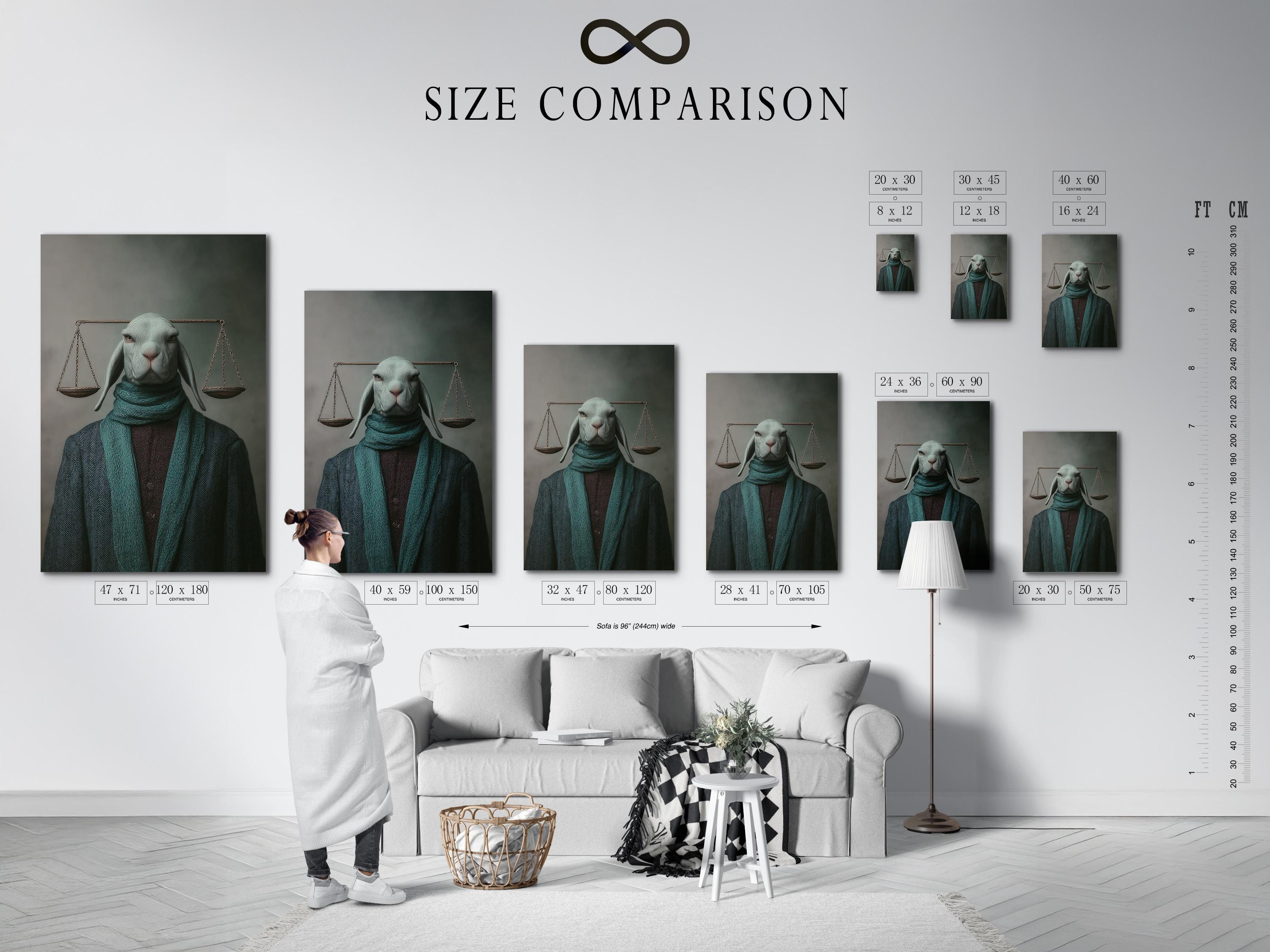 Room mockup showing a framed hare portrait artwork with hanging scales