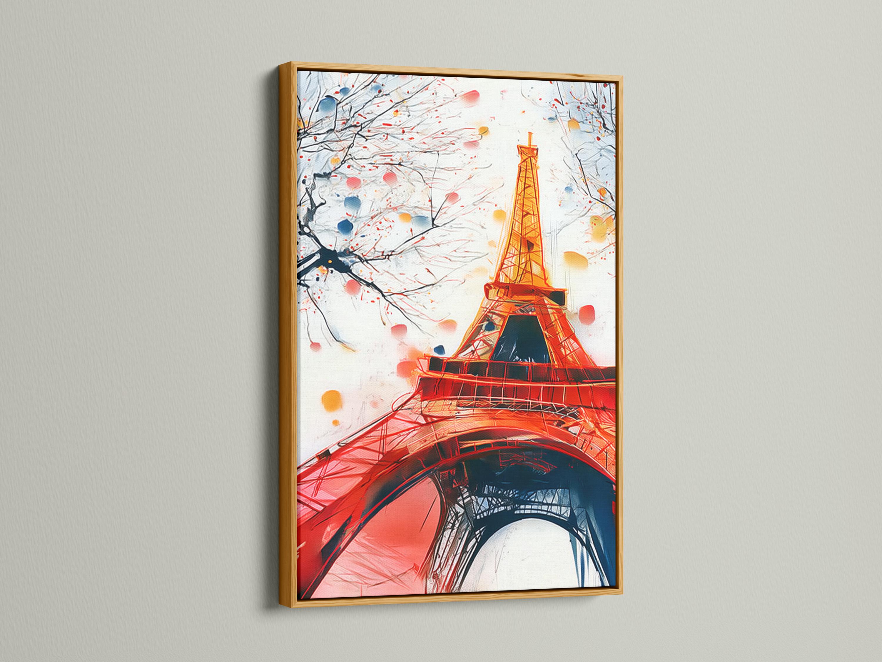 Eiffel Tower cityscape in red and gold with branches and blossom-like dots detail view