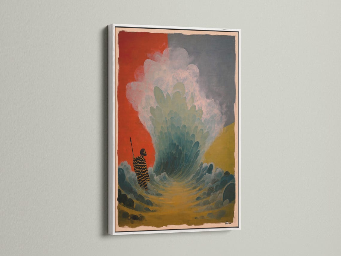 Room mockup with a portrait framed artwork featuring a patterned figure holding a staff in teal and terracotta tones