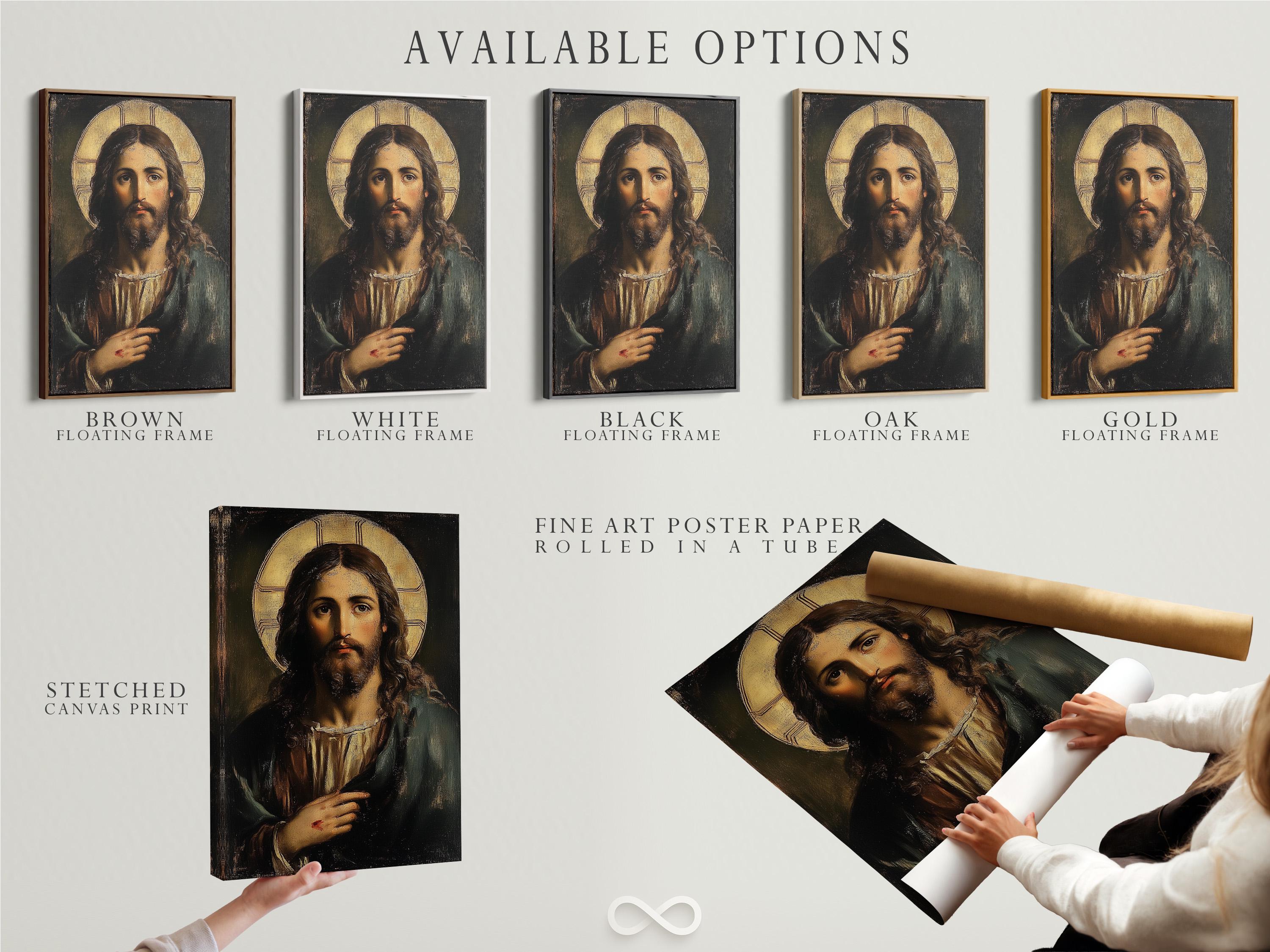 Jesus portrait with long dark hair and a glowing gold halo detail view