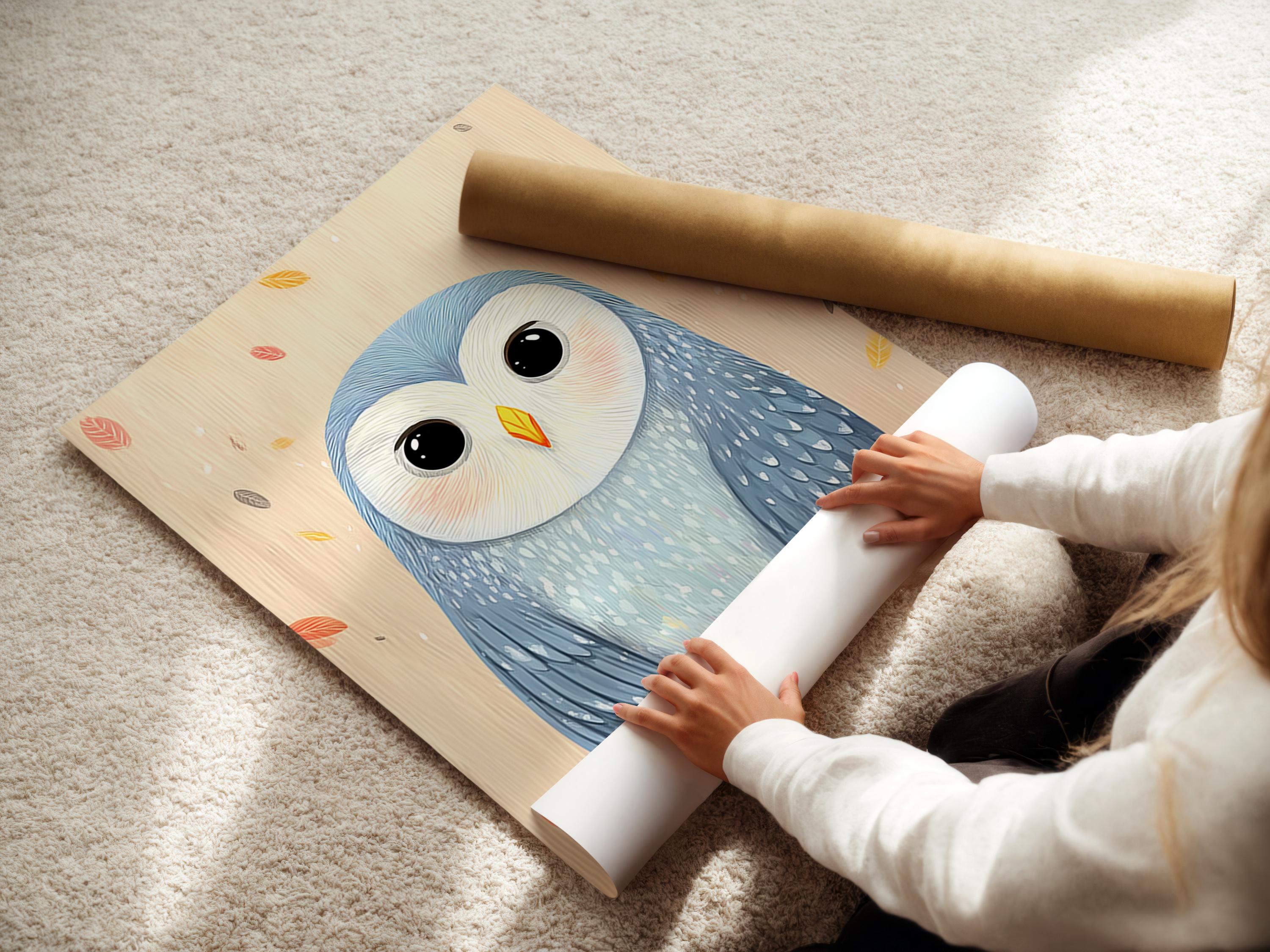 Illustrated owl portrait with big dark eyes, soft blue feathers and scattered pastel leaves on cream background detail view