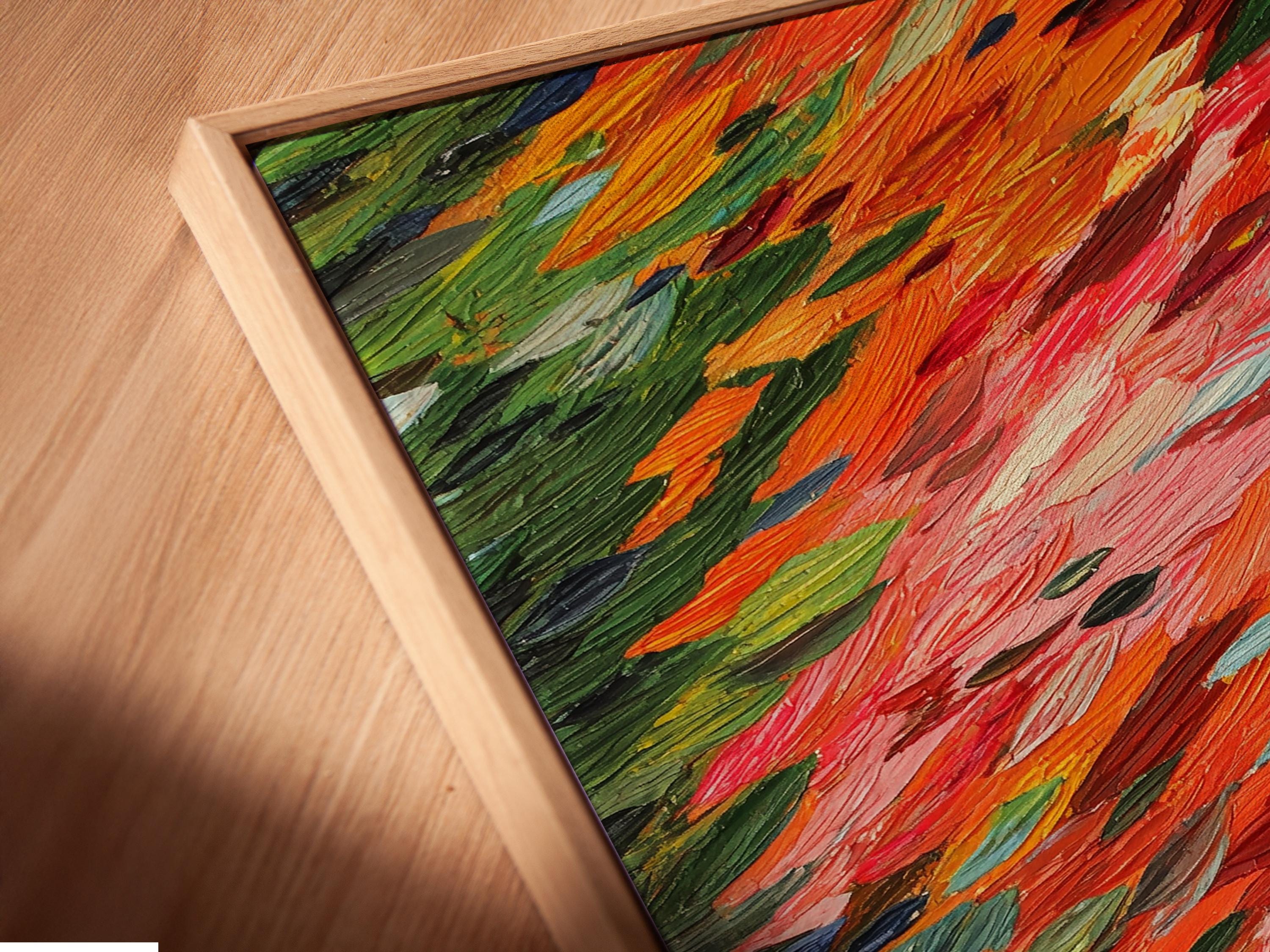 Abstract painting with orange-red, pink, green and dark navy brushstrokes in diagonal layers detail view