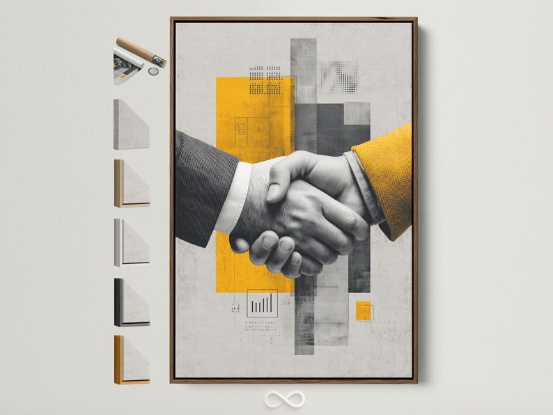 Black-and-white handshake centred in a geometric grey and yellow abstract design
