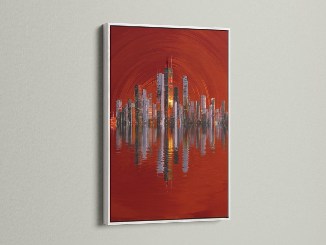 A red city skyline rises from a reflective body of water, framed by arcing light lines, with illuminated building windows and layered silhouettes