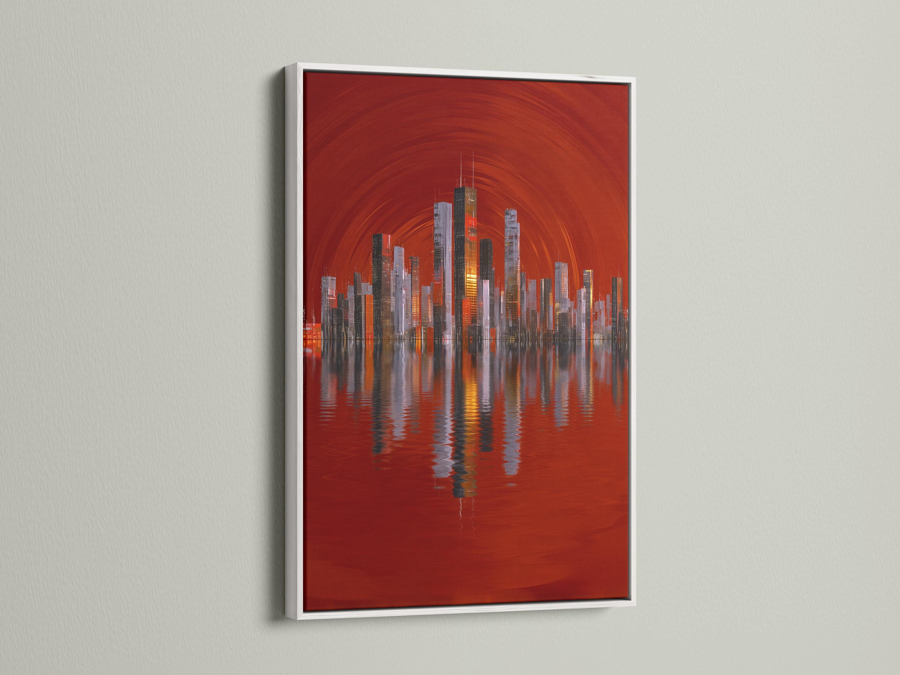 A red city skyline rises from a reflective body of water, framed by arcing light lines, with illuminated building windows and layered silhouettes