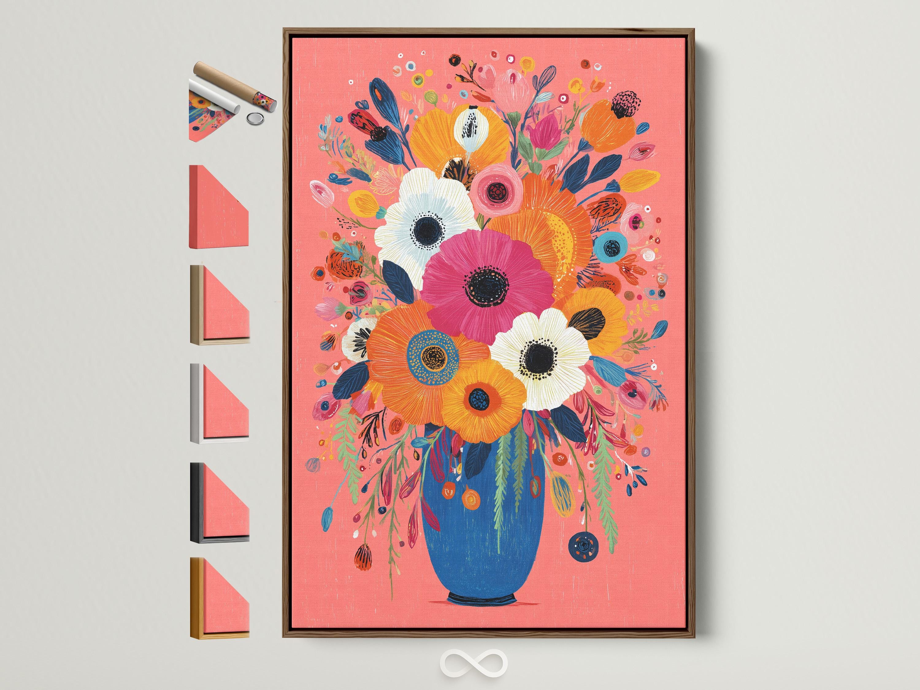 Stylised floral bouquet with large pink flowers in a blue vase on a coral background detail view