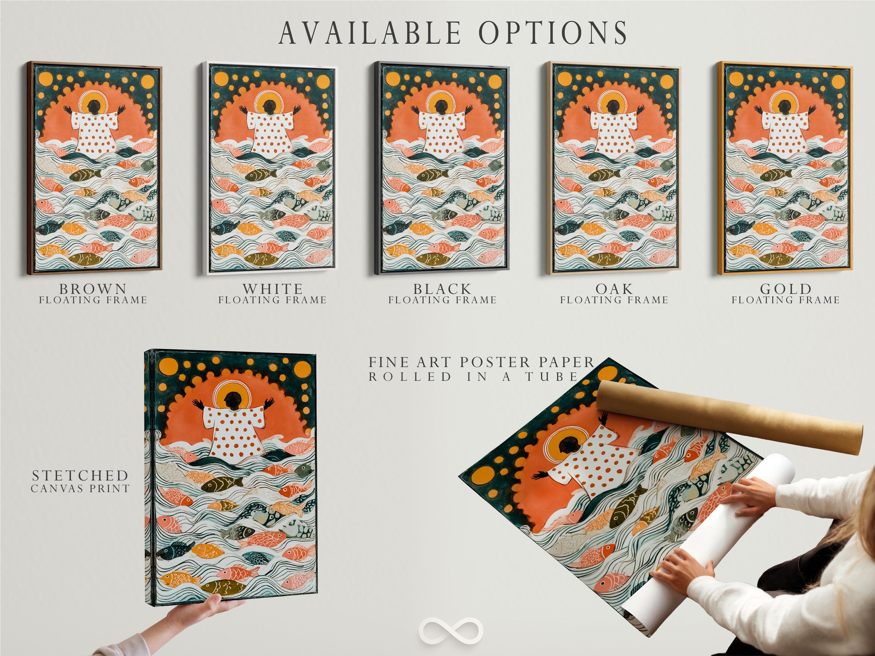 Illustrated underwater scene with many colourful fish swimming in teal and cream waves detail view