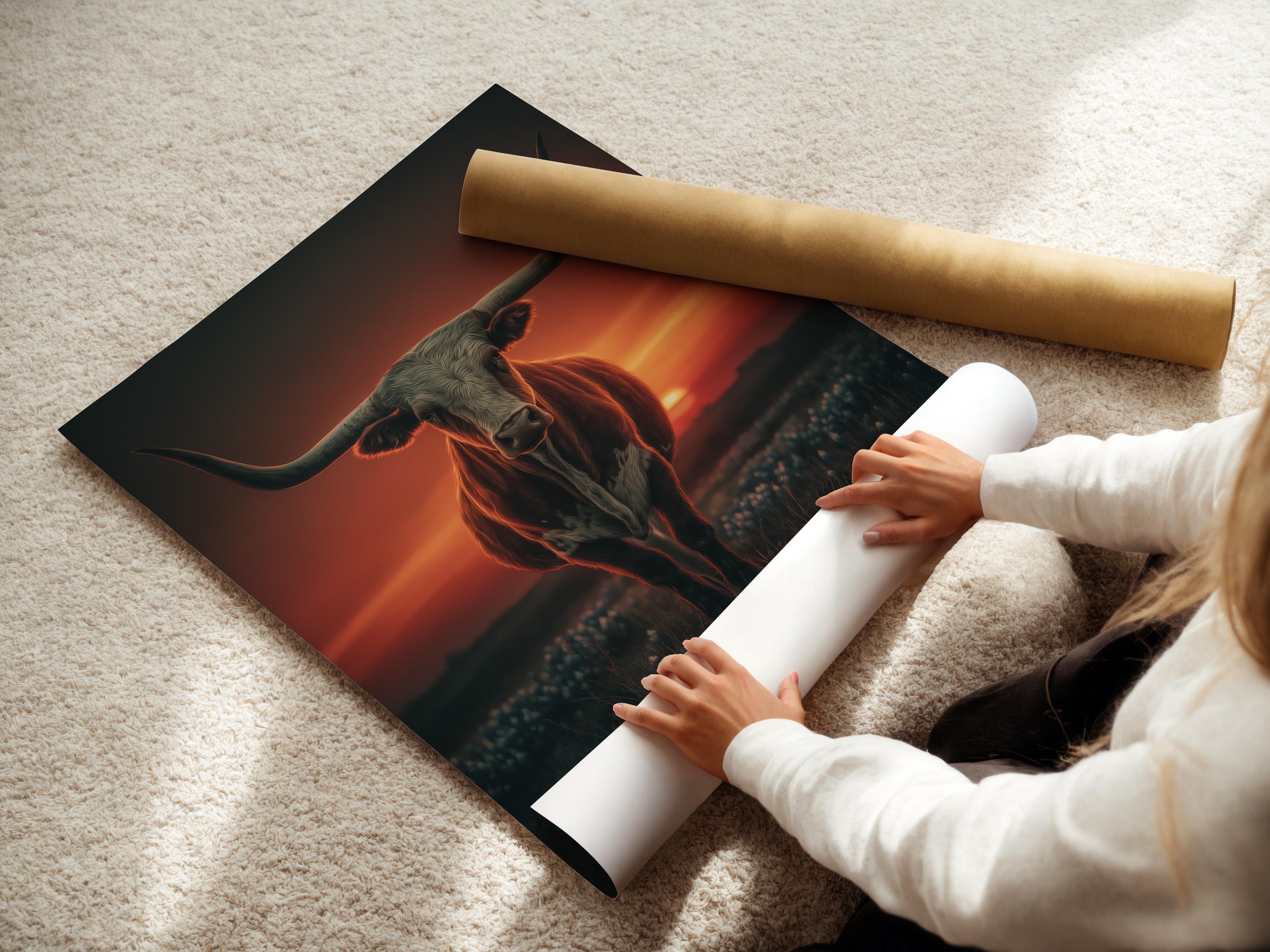 Room mockup showing a framed longhorn bull artwork with a sunset background