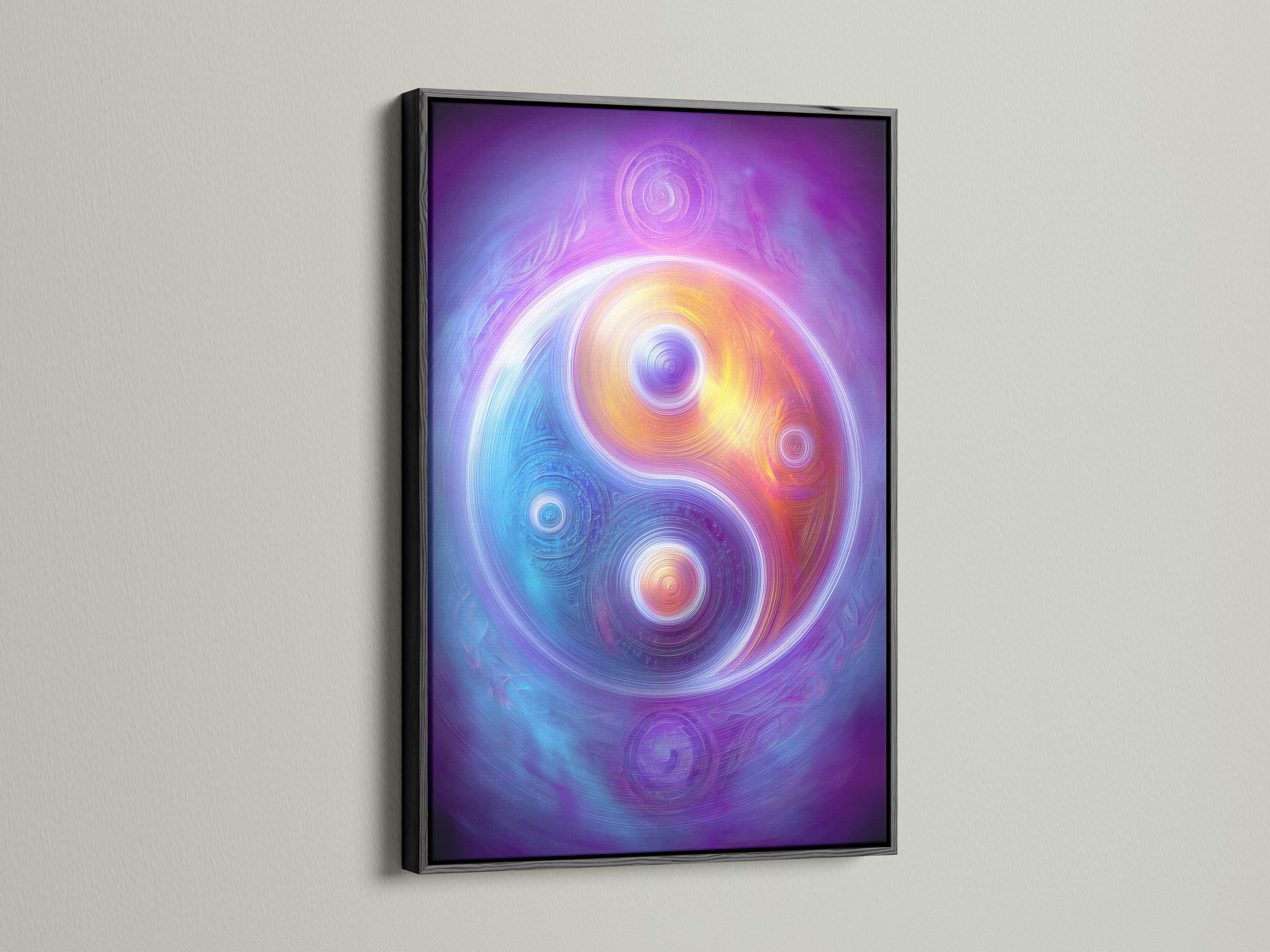 A cosmic purple artwork shows swirling concentric circles and two yin-yang style orbs with rainbow-like colour bands detail view