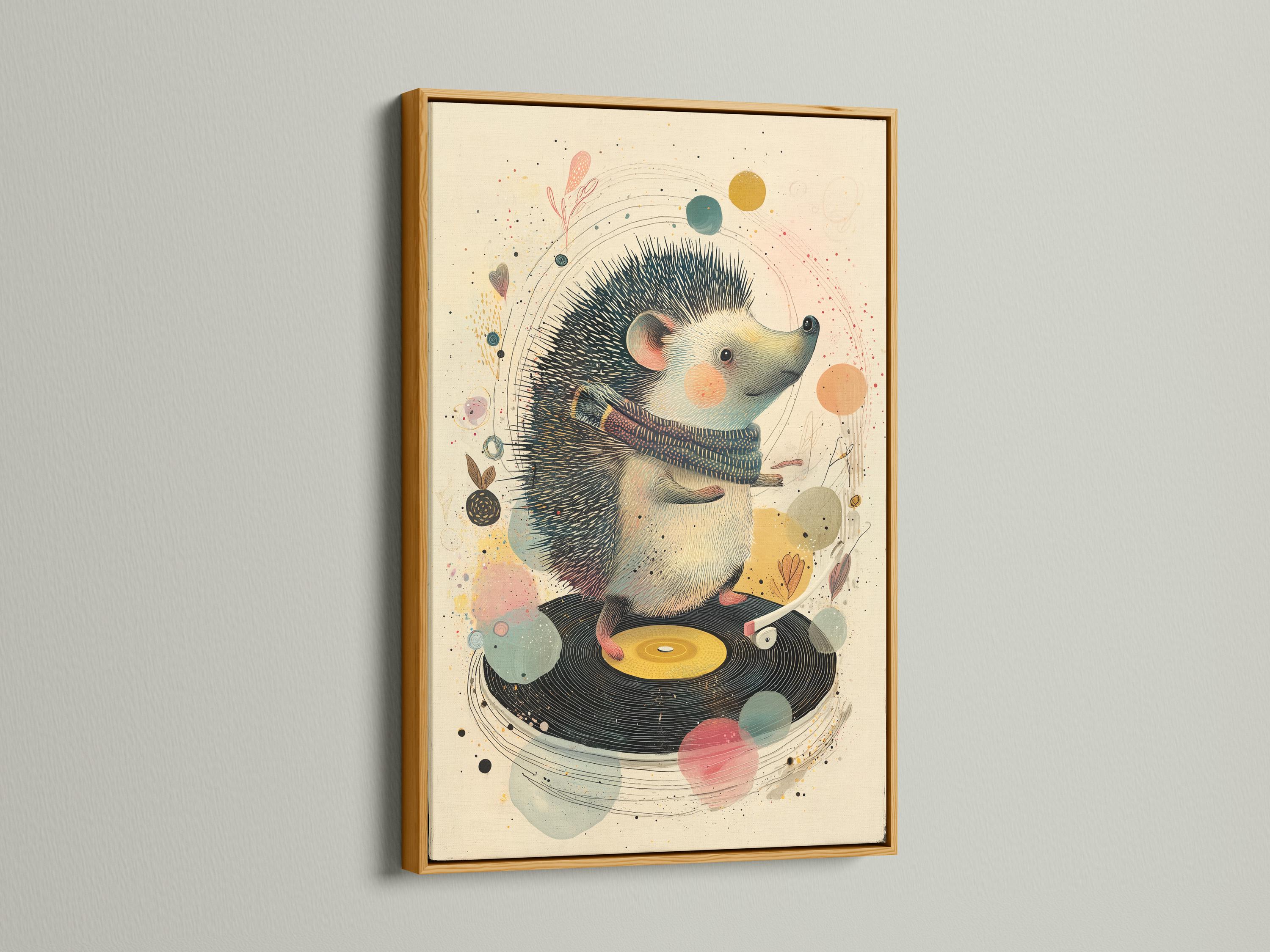 Illustrated hedgehog facing right over a vinyl record with music-themed speckles detail view