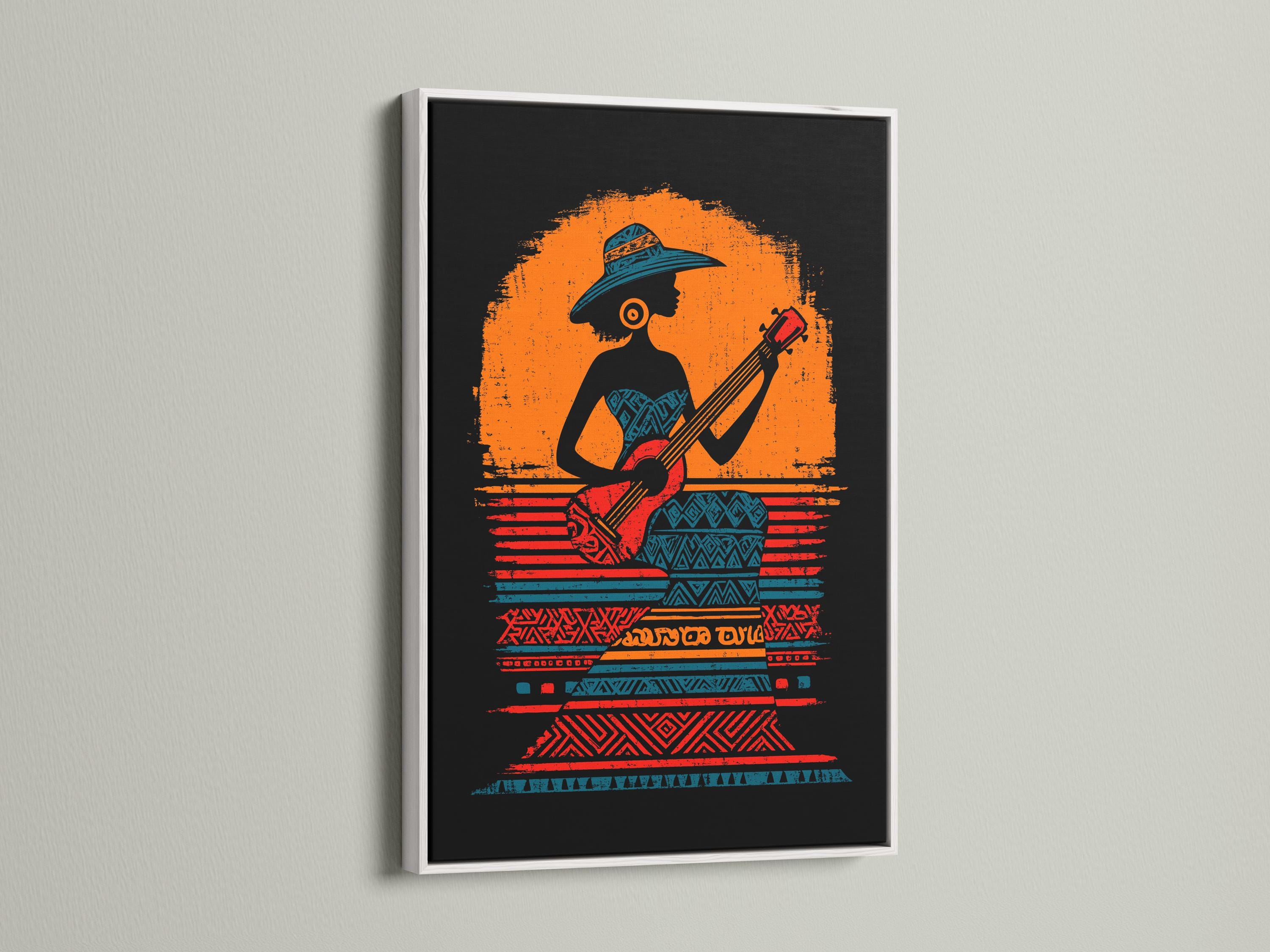 Room mockup showing framed portrait artwork of a woman musician playing a red guitar