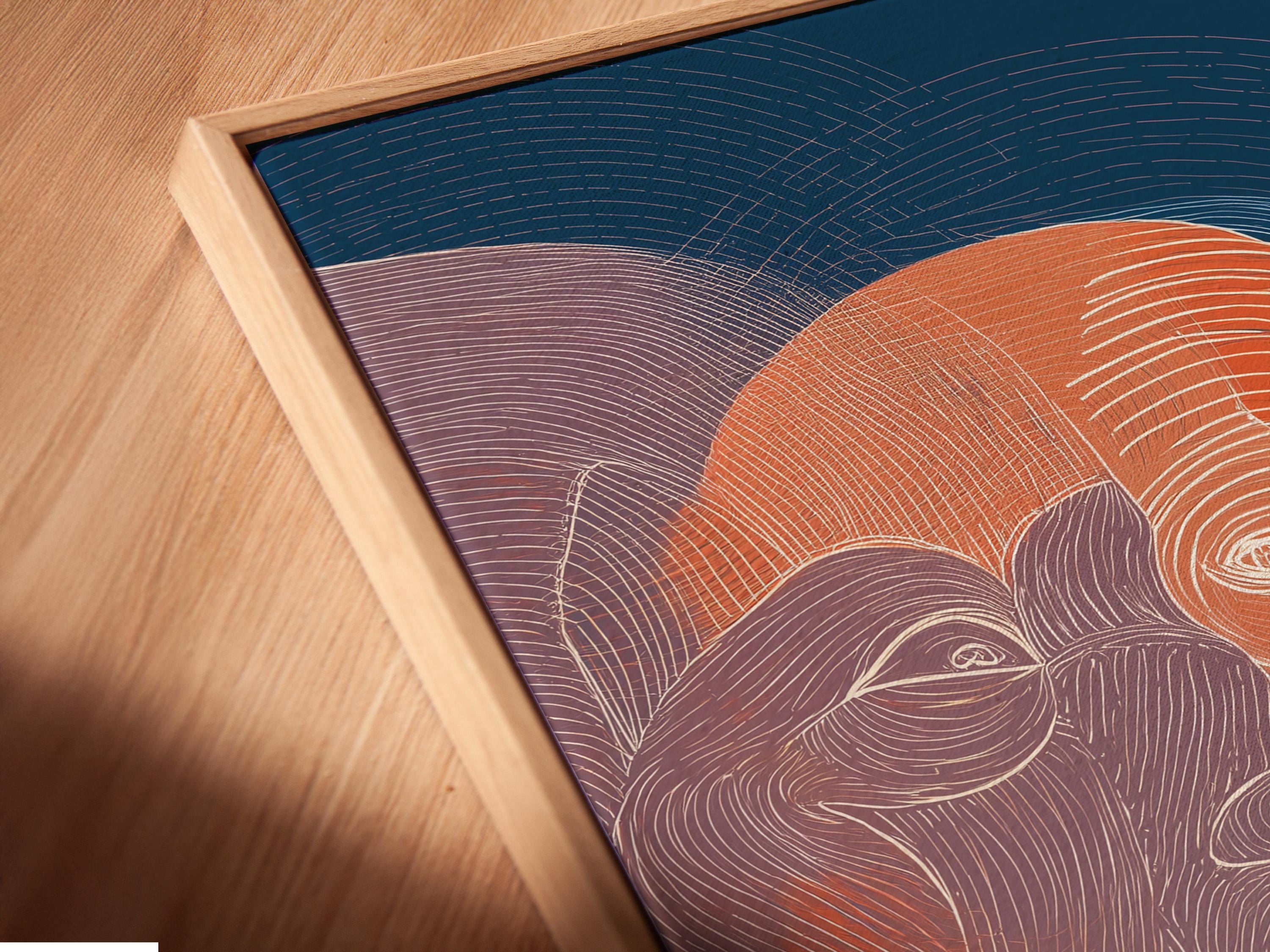 Room mockup showing an abstract faces wall artwork with indigo-blue and coral line profiles