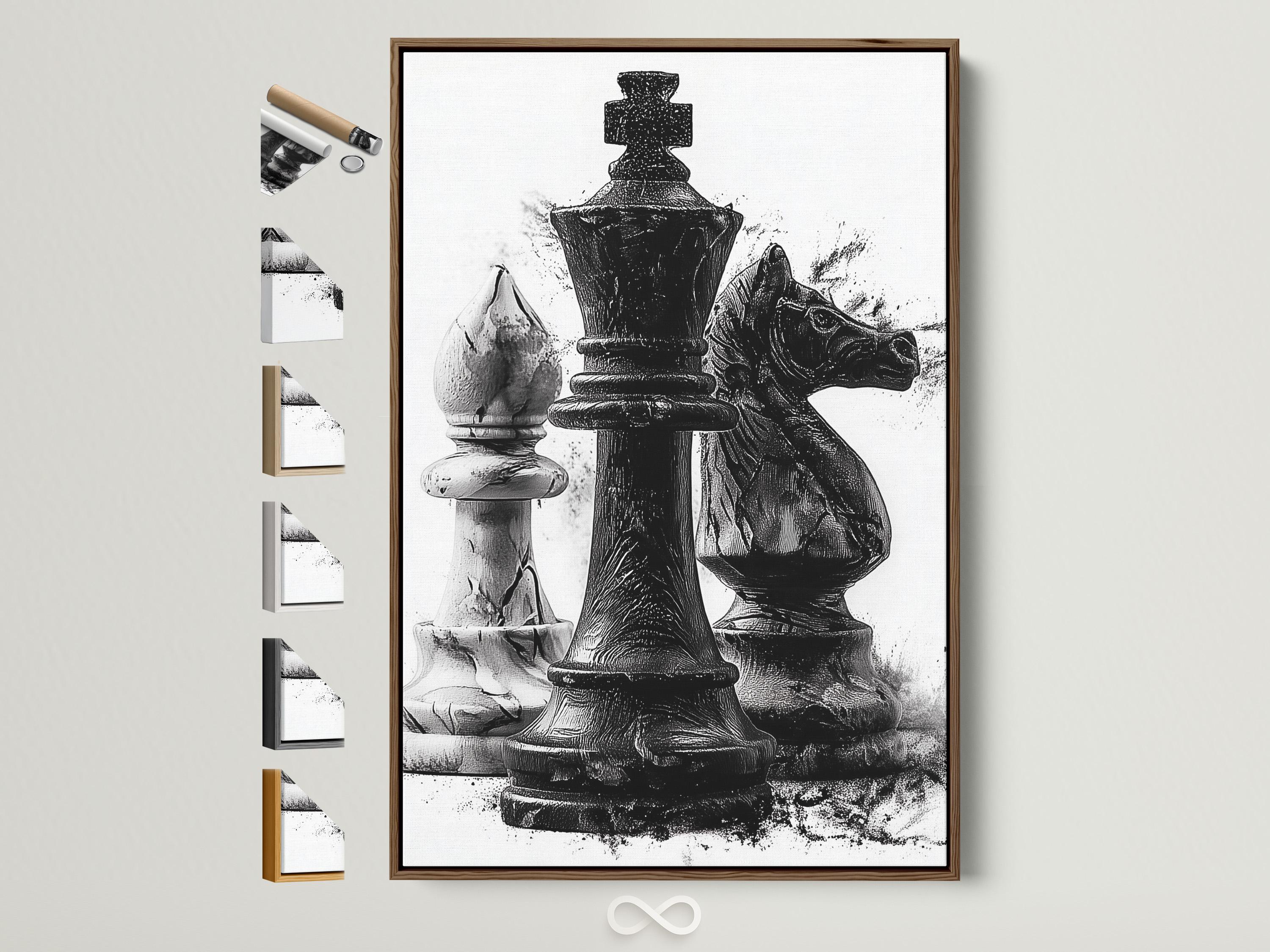 Monochrome chess artwork featuring a black king-like figure with distressed ink-splatter texture detail view