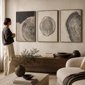 May include: Three framed wall art pieces featuring grayscale tree ring designs. The artwork is displayed above a wooden cabinet with decorative items. The room has a neutral color palette with a modern aesthetic.