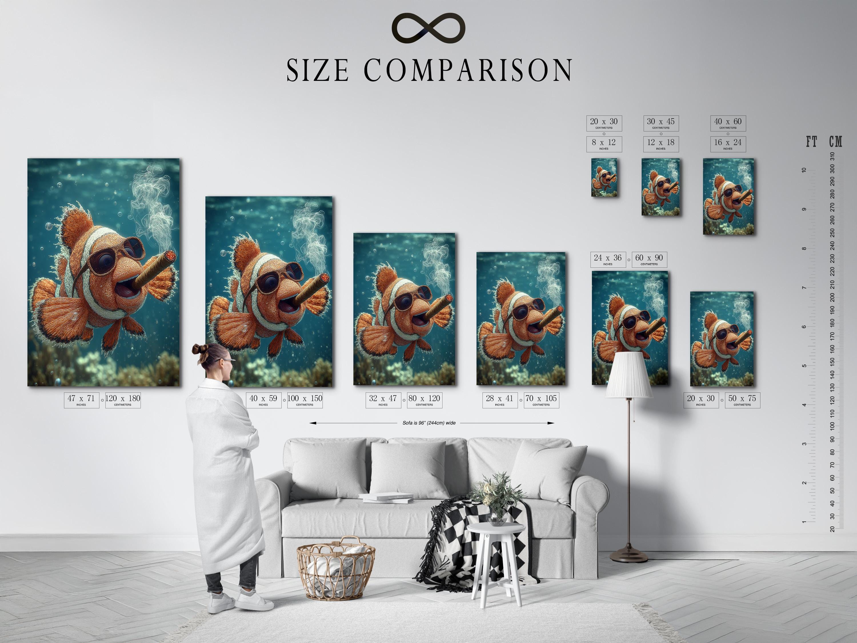 Illustrated clownfish swimming underwater with orange coral, bubbles, and wispy smoke-like curls detail view