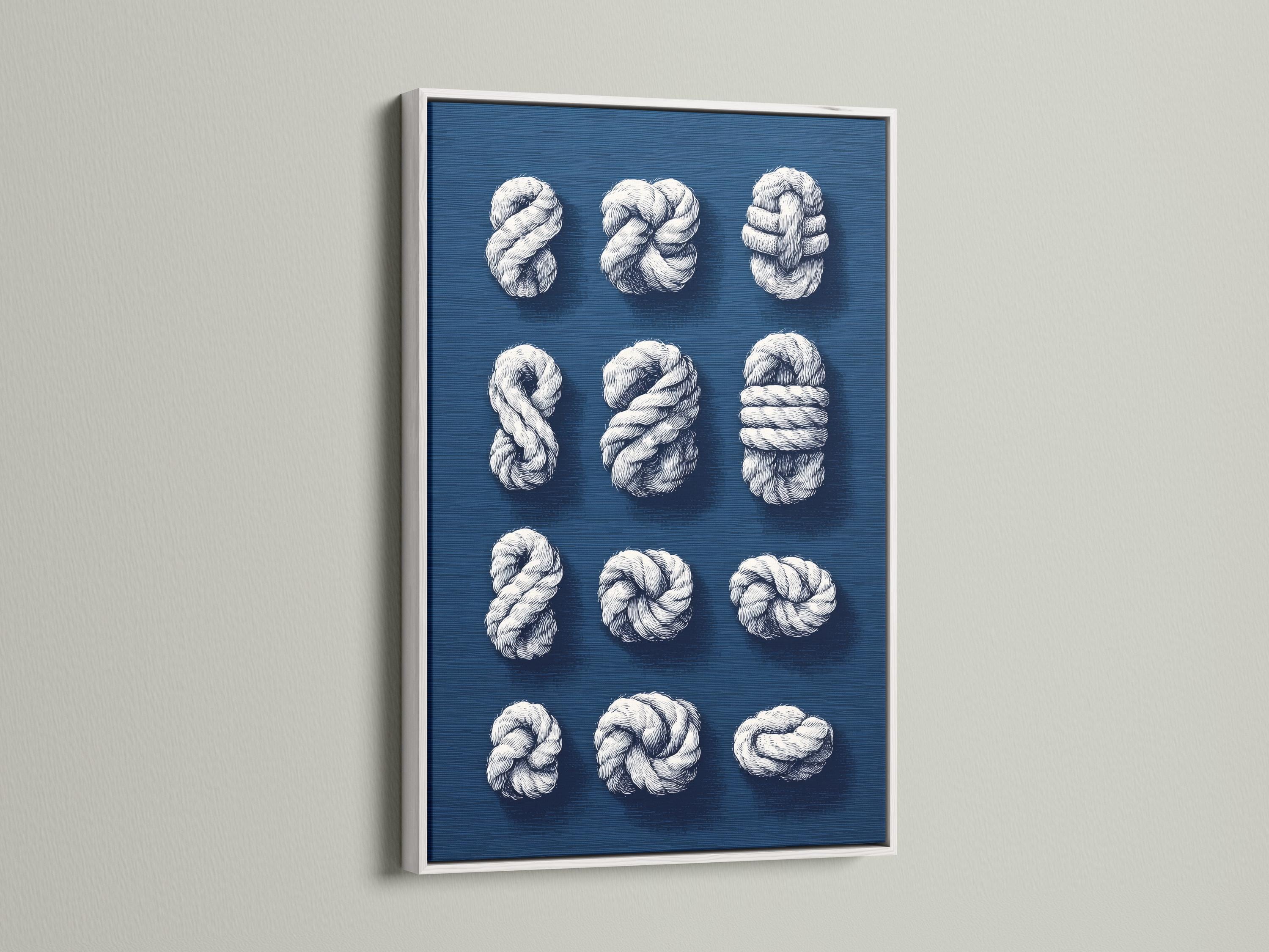 Nine white rope knots arranged on a navy blue background detail view