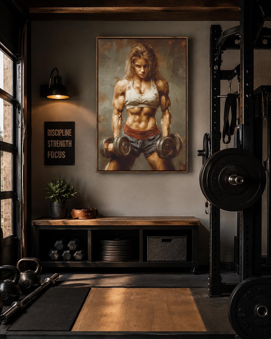 Gym or wellness room mockup showing a wall artwork of a muscular woman lifting dumbbells