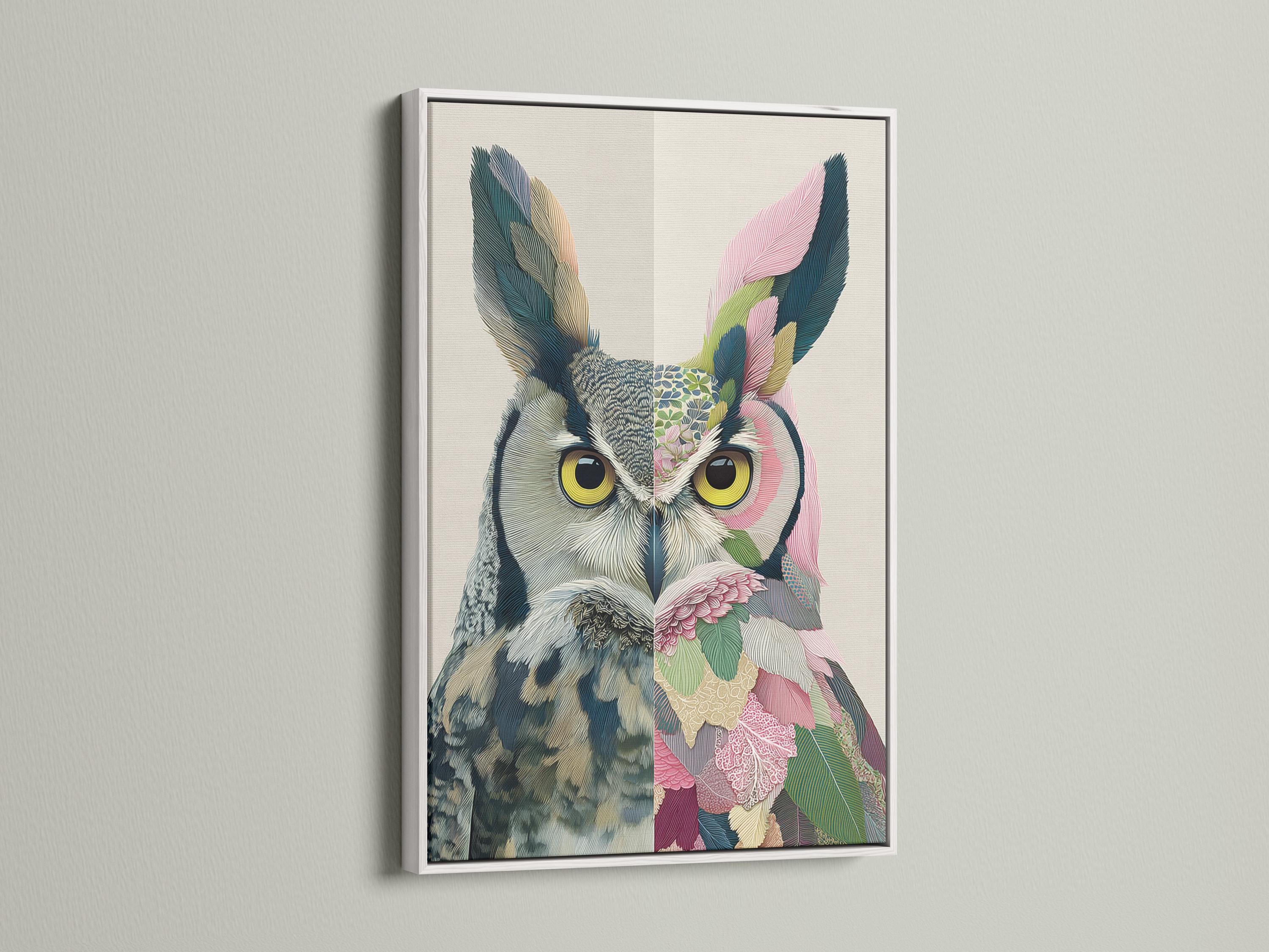 Split owl portrait with yellow eyes, fanned wings and pink flower plus green leaf details detail view